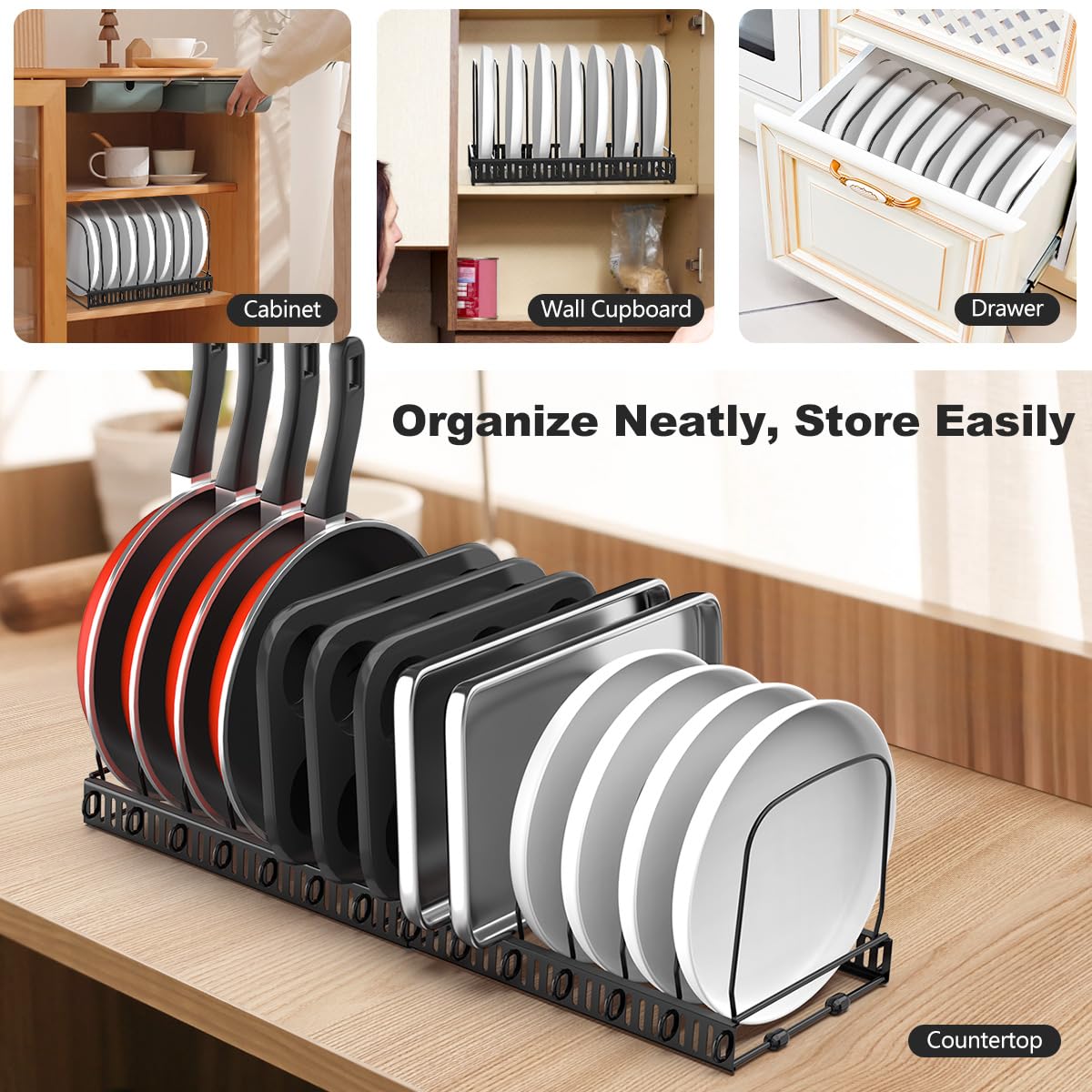 Housolution Cutting Board Organizer Rack, Expandable Baking Tray and Cookie Sheet Organizer with 14 Adjustable Dividers, Bakeware Muffin Tin Cupcake Pan Storage Organizer for Cabinet, Black