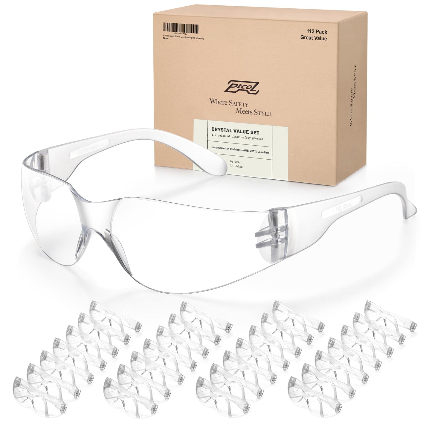 112 Pack Safety Glasses Crystal Clear (Bulk Pack of 24+4) Unisex Anti-Scratch Protective Goggles Impact Resistant Lens Eyewear with ANSI Z87.1 Certified for Construction, Shooting and Laboratory