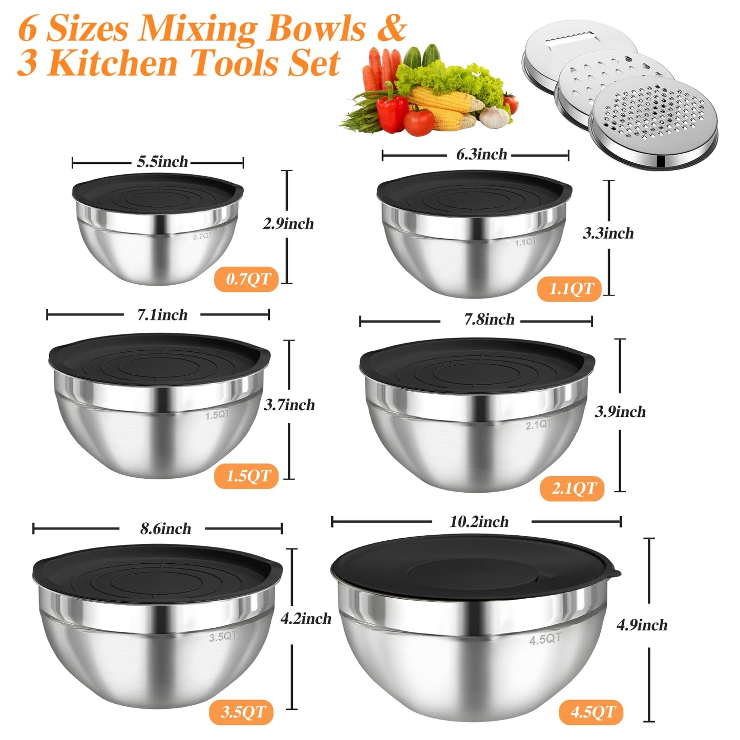 Winproper Mixing Bowls with Lids Set, 6 PCS Stainless Steel Mixing Bowls with 3 Grater Attachments, Kitchen Food Storage Organizers Nesting Mixing Bowl, Large Size 4.5, 3.5, 2.1, 1.5, 1.1, 0.7QT-Black