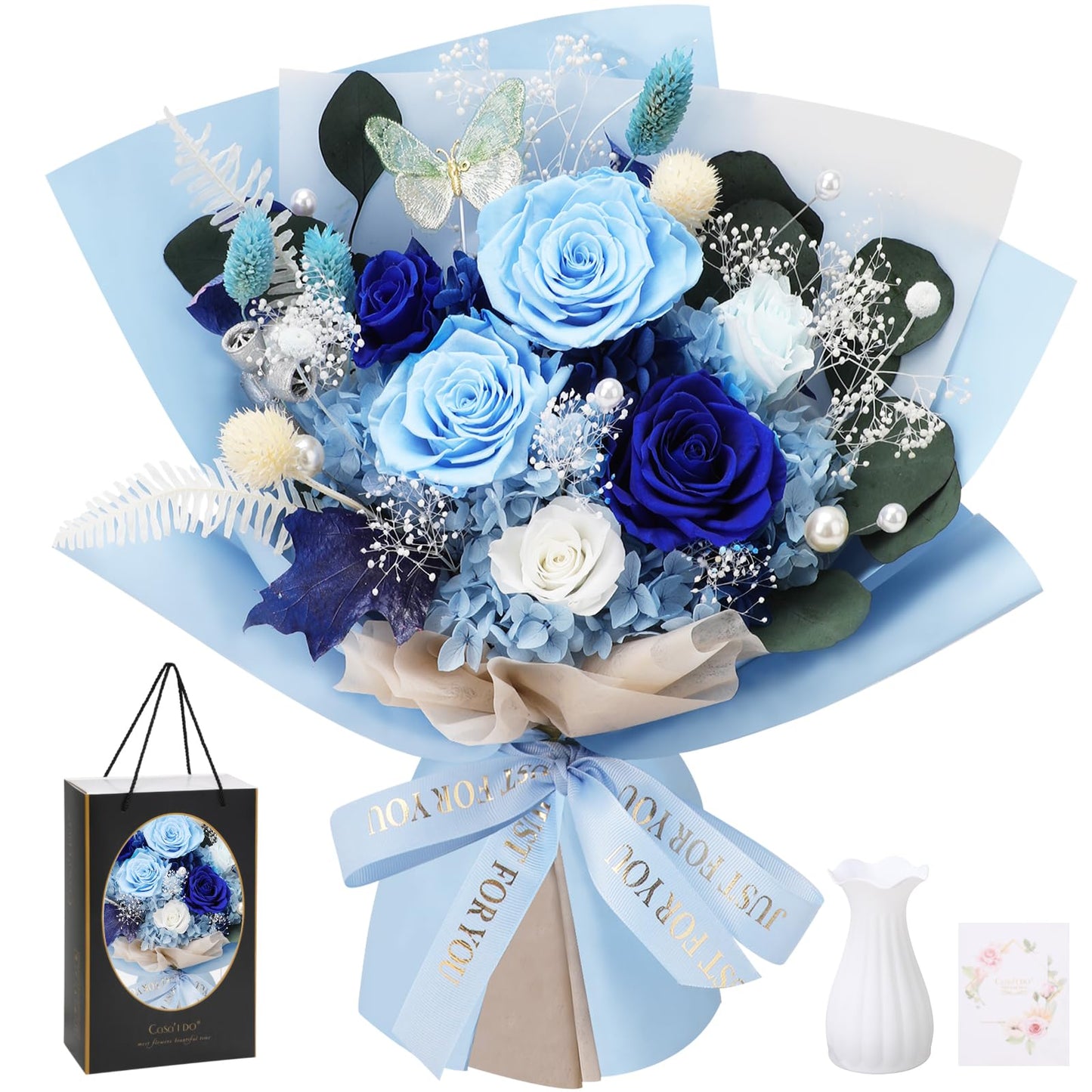 Casaido Preserved Flowers for Delivery, Mothers Day 6 Blue Roses Bouquet, Birthday Rose Gifts for Women Mom Wife Girlfriend, Real Flowers for Christmas Valentines Day Anniversary