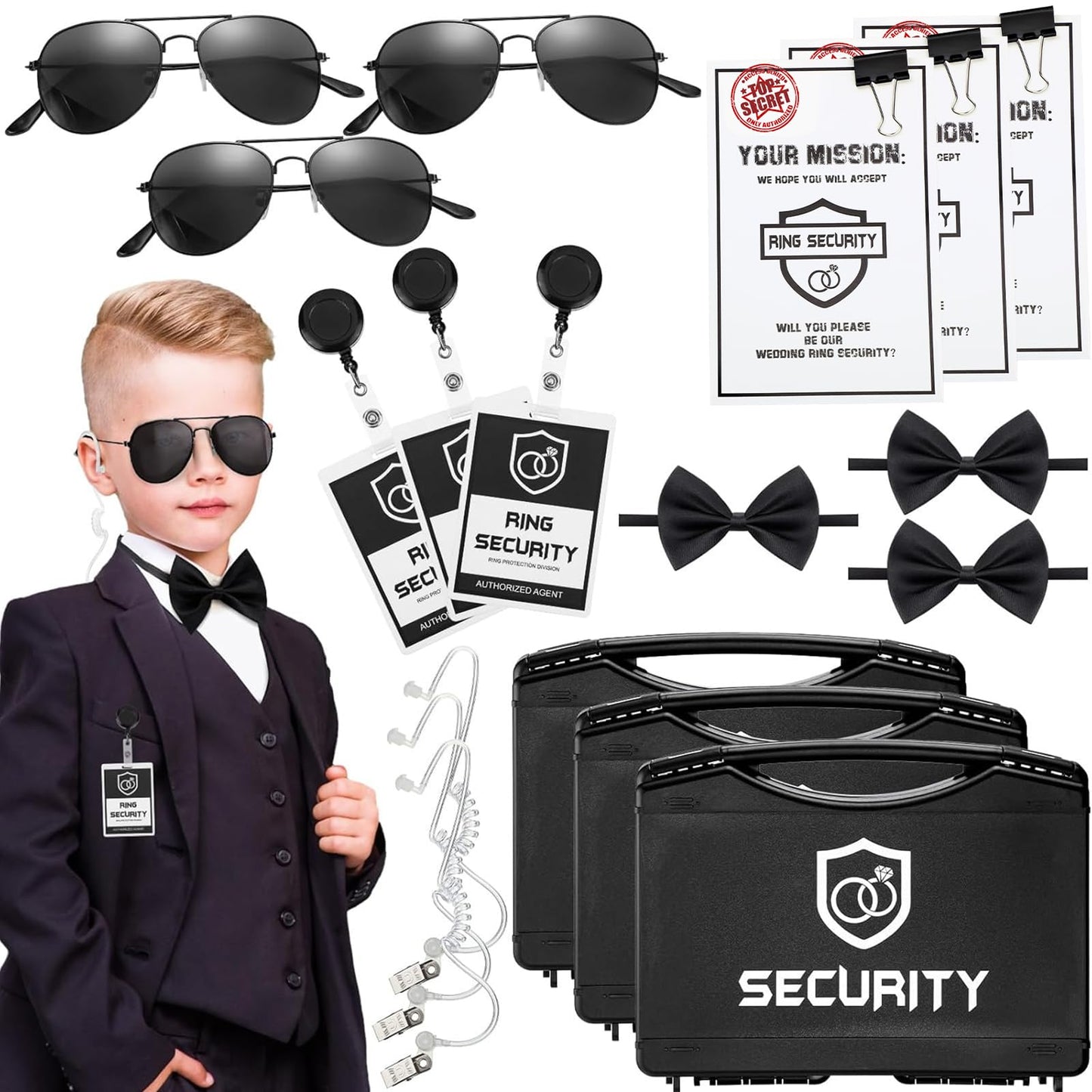 Mepase 21 Pcs Ring Wedding Bearer Security Set Include Ring Bearer Box ID Badge Holder Sunglass Acoustic Earpiece Tube Mission Card with Binder Clip Bow for Kids (Pp Suitcase)