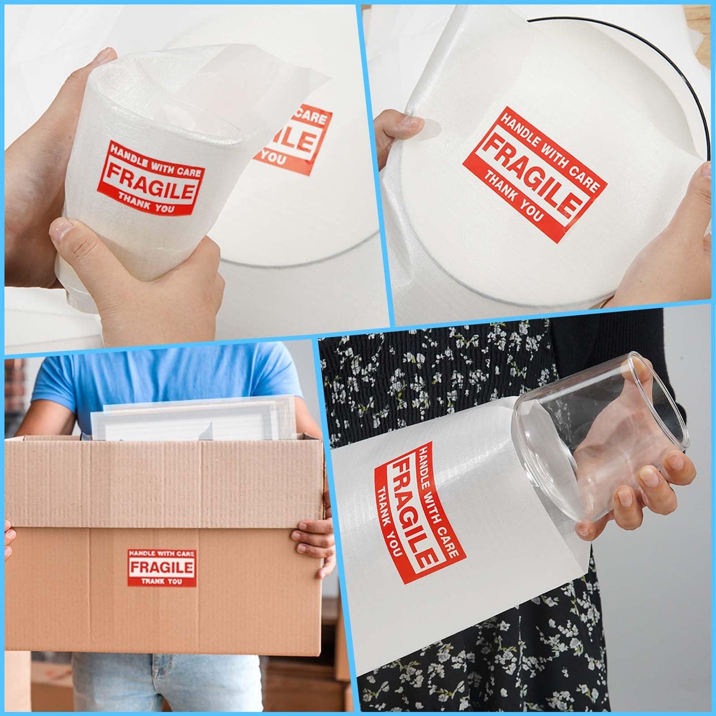 500pcs Cushioning Foam Pouches Moving Supplies, 4 Sizes (12x12inch,12x12inch sheets,12x7.5inch,7.5x7.5inch) Use Packing Supplies for Moving, Packaging, Storage Incidental 300 Fragile Stickers, clear