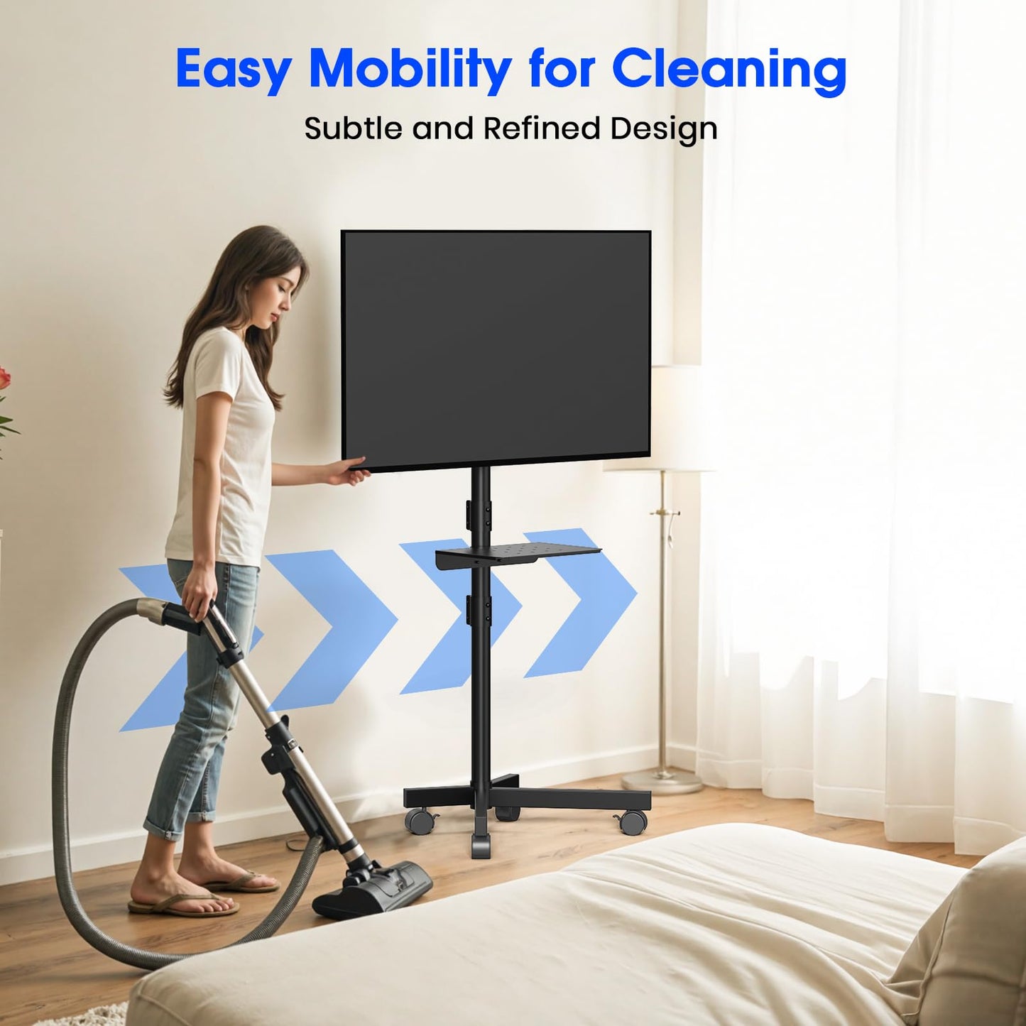 Zontera Mobile TV Stand for 23-60 Inch LCD LED OLED Flat Panel Curved Screen TVs up to 88 lbs, Tilt and Height Adjustable, Locking Rolling Wheels TV Cart with Shelf, Max VESA 400x400mm, Black