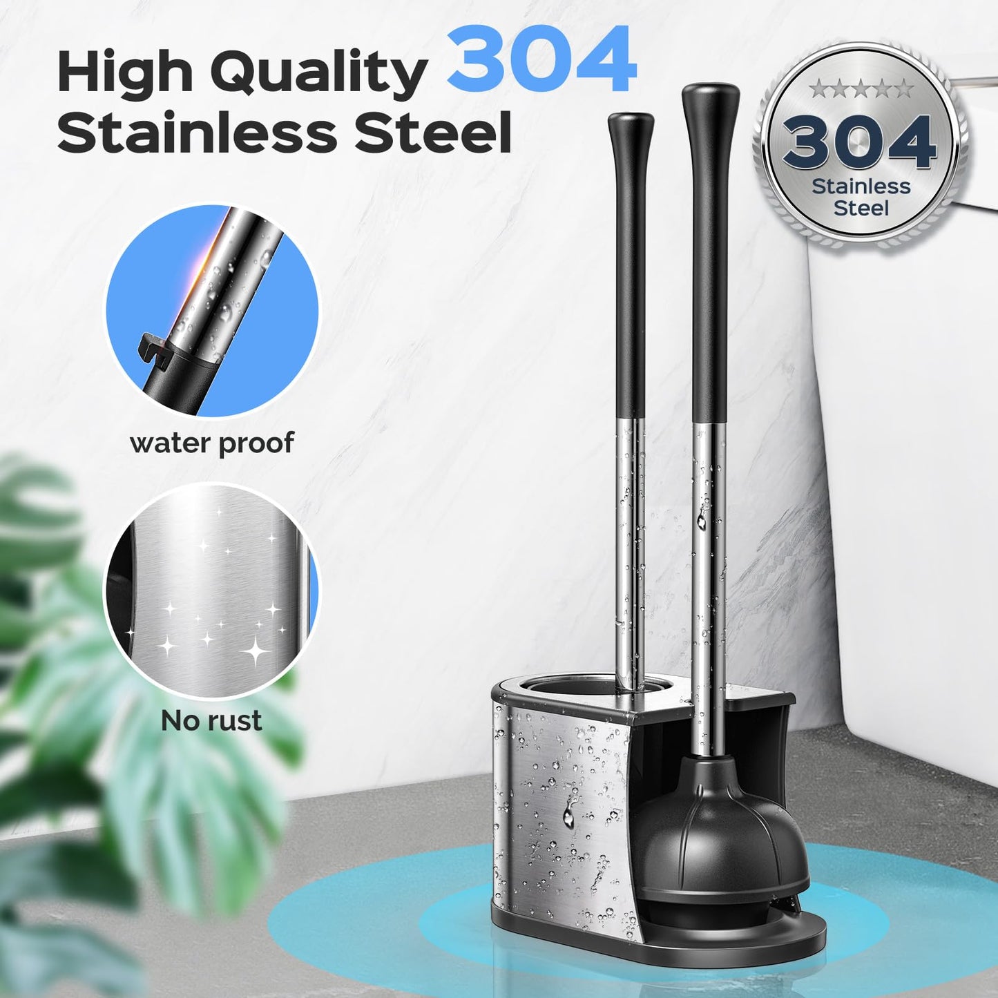 HAMITOR Toilet Plunger and Brush Set: 2 in 1 Stainless Steel Rustproof Combo with Deep Cleaning Curved Bristles - Heavy Duty Toilet Unclogging for Family Bathroom - Compact Apartment Accessories