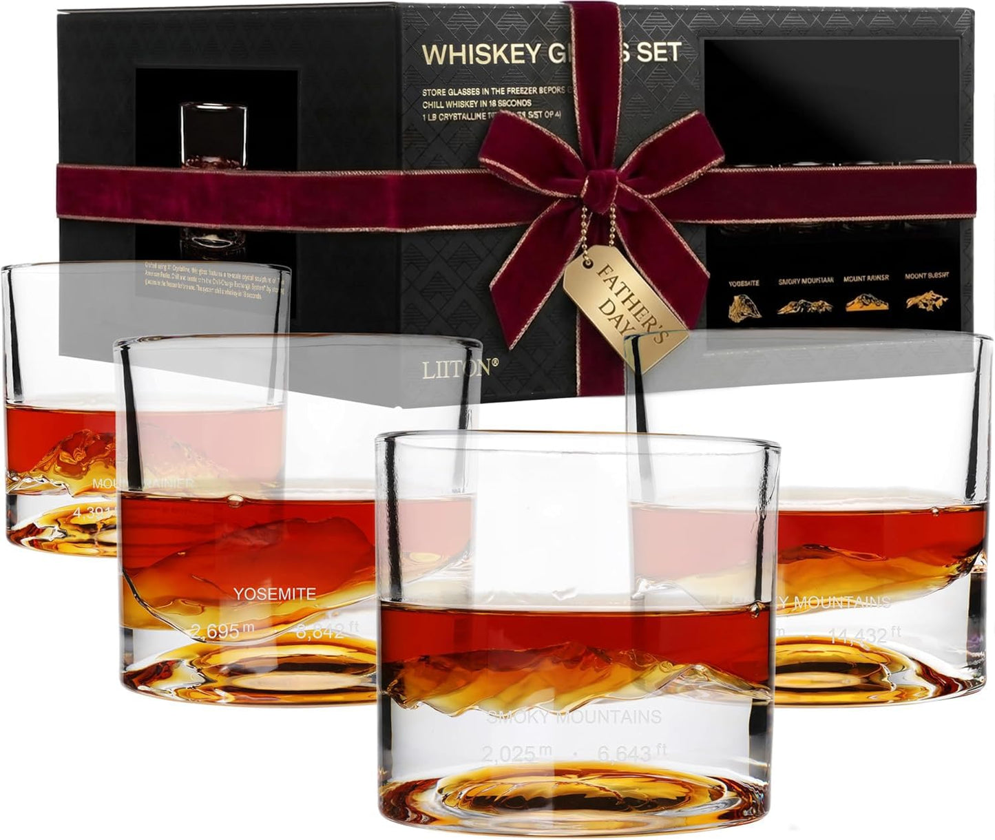 LIITON Fathers Day Whiskey Glasses for Dad, American Peaks Set of 4, Thick Heavy Crystal 3D Mountain Bourbon & Cocktail Glasses, Chills 18 Seconds Without Ice, 10 oz