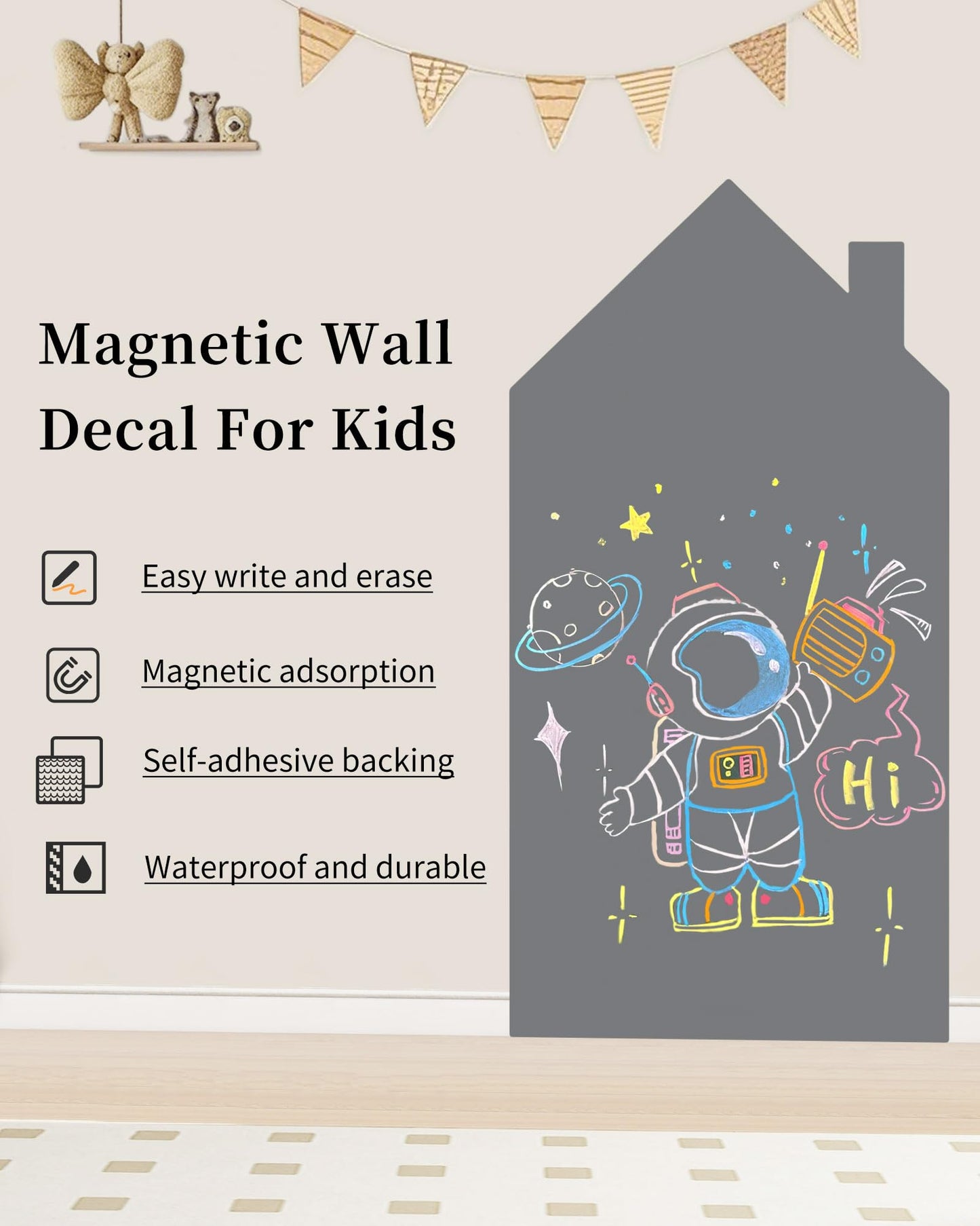 Magnetic Wall Decal for Kids, Magnetic Chalkboard Contact Paper for Wall, Playroom Essentials, Includes Dustless Chalks, Chalk Holder, Wipe Cloth, Stickers (Grey House, 34.6" x 58.3")