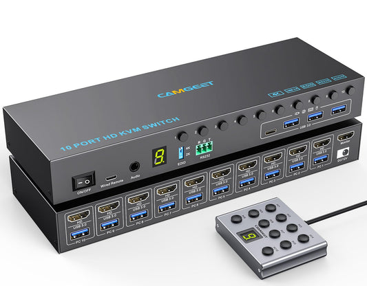 10 Port 8 Port HDMI KVM Switch 4K@60Hz EDID Simulation, USB3.0 KVM Switch HDMI for 10 Computers Share 1 Monitor and 4 USB Devices, KVM Switches with Audio RS232 Wired Remote 12V Power and USB Cable