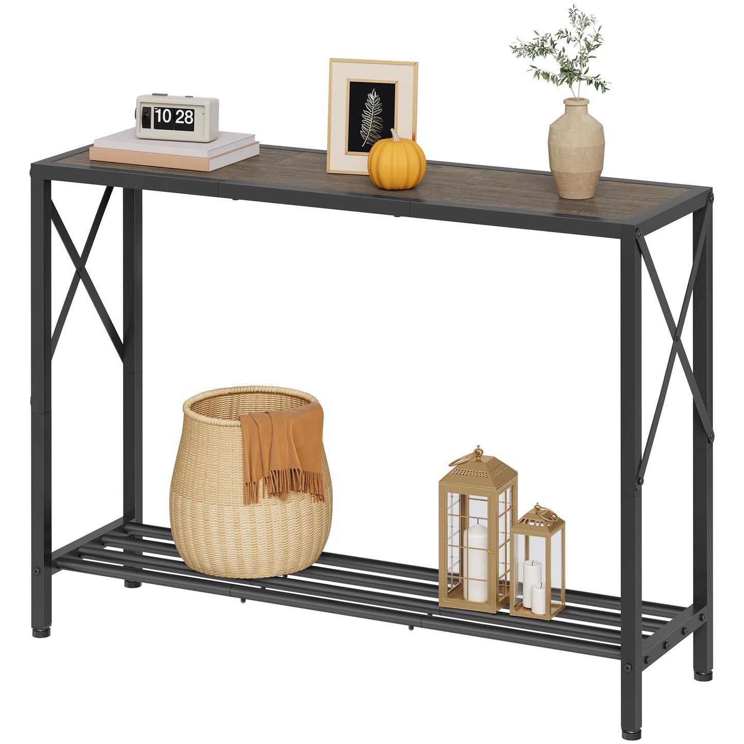 Tajsoon Industrial Console Table 41.8", 2 Tier Entryway Table with Storage Shelves, Narrow Sofa Table with Stable X-Frame, for Living Room, Hallway, Foyer, Office, Dark Grey