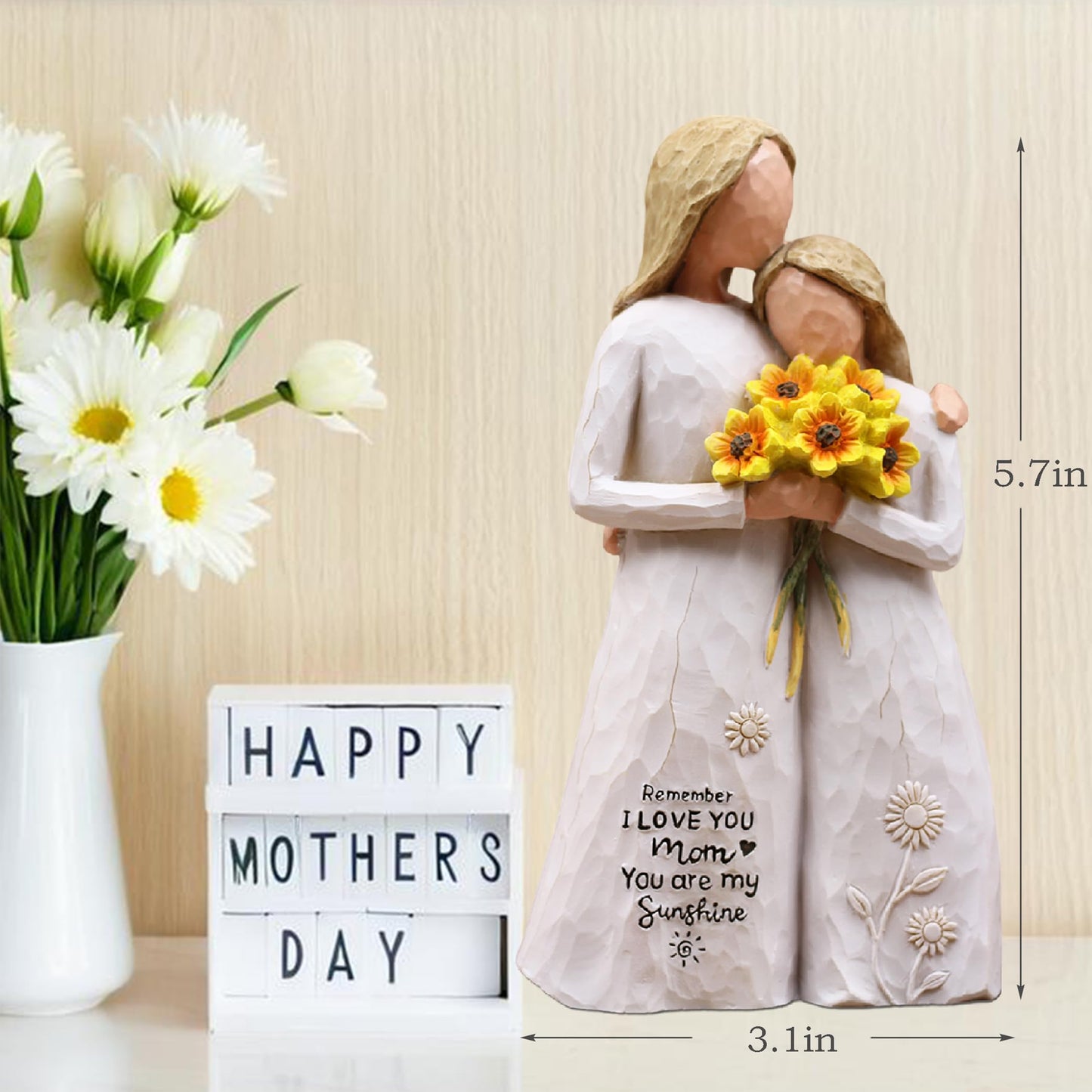 AUMELO Mom Birthday Gifts from Daughter, Gifts for Mom, Hand-Painted Mother Daughter Figurine Holding Sunflowers, 5.7" Resin Keepsake for Mothers Day, Christmas, Mother of the Bride(White)