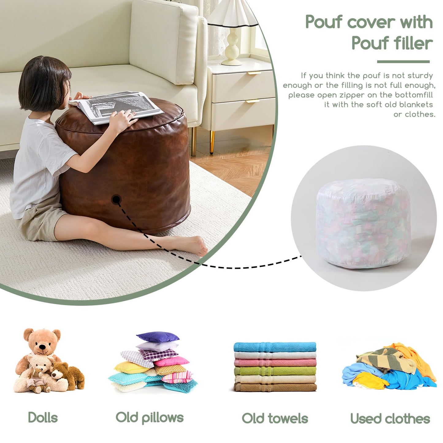 HIGOGOGO Round Stuffed Pouf Ottoman, Pu Leather Poufs with Foam Chunk Filling, Furry and Fluffy Pouf Foot Stool Storage Ottoman, 20 X 15 Floor Poufs Foot Rest for Living Room,Dark Brown