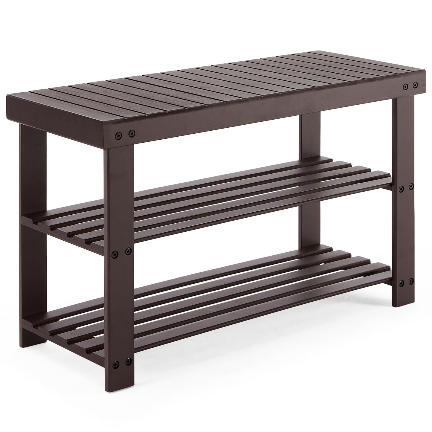 Sweetcrispy 3-Tier Shoe Rack Bench, Bamboo Entryway Storage Organizer, Shoes Stand for FrontDoor Entrance, Bedroom, Living Room, 286lb Capacity, 11.3 x 27.6 x 17.8 Inches, Chestnut