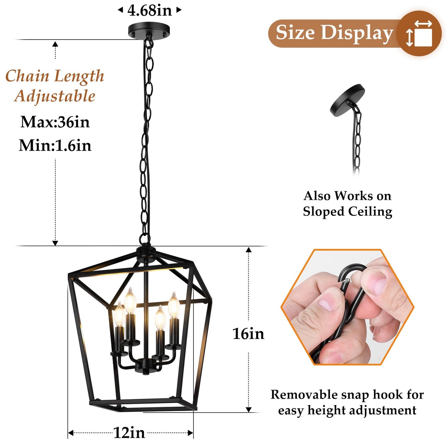 BrightHome Farmhouse Chandelier 4-Light, Black Pendant Light Fixture for Kitchen Island Dining Room, Lantern Industrial Lighting Ceiling Hanging with Metal Cage Adjustable Height for Entryway Foyer