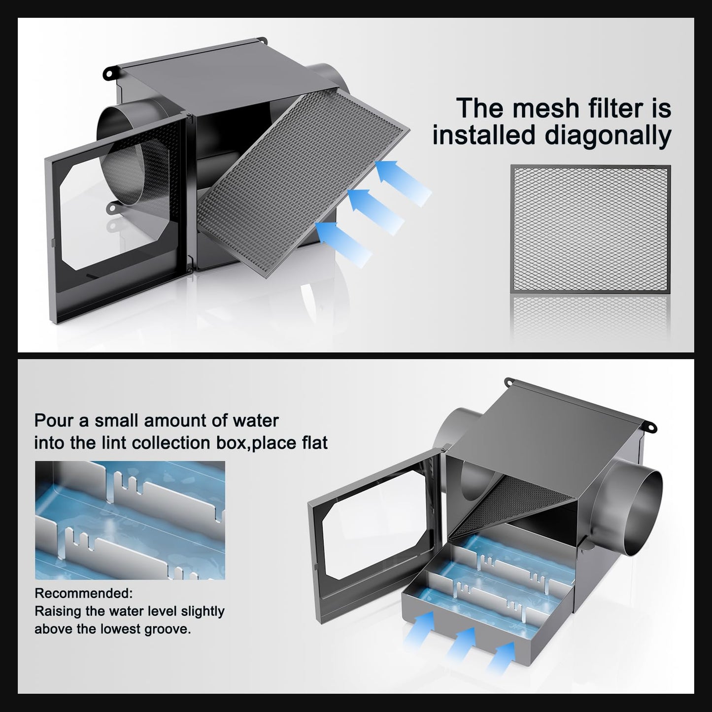 HOOMESUN Upgrade Indoor Dryer Duct Lint Trap Kit, Dryer Lint Catcher with Stainless Steel Mesh & 4in - 8FT Dryer Vent Hose, Water Drawer, Secondary Lint Trap for Gas or Electric Clothes Dryers