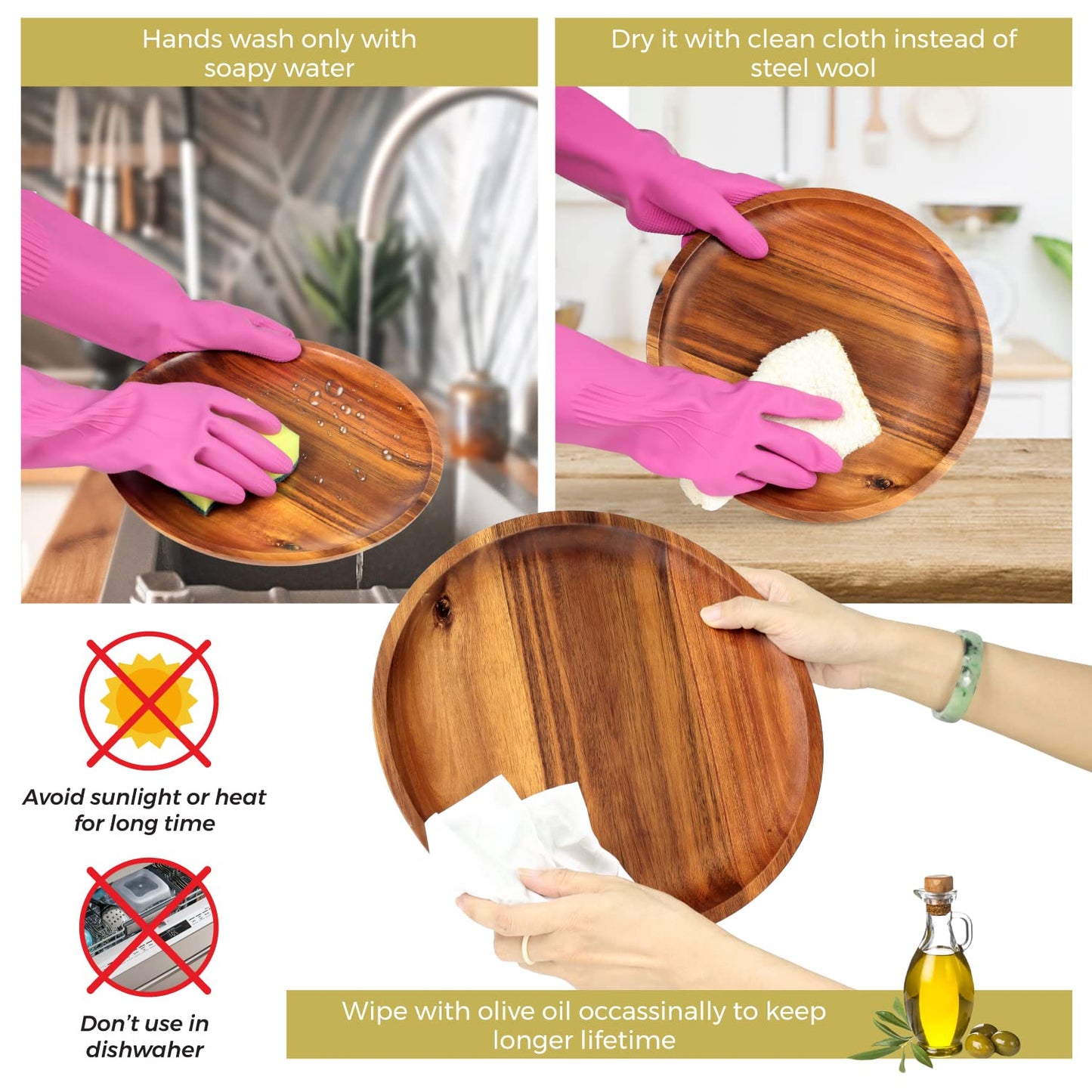 FANICHI Wooden plates (set of 4-11inch) Dinner Plates, Acacia Round Wood Plates, Unbreakable Classic Plates, Easy Cleaning & Lightweight for Dishes Snack, Dessert, Housewarming, Christmas Gift