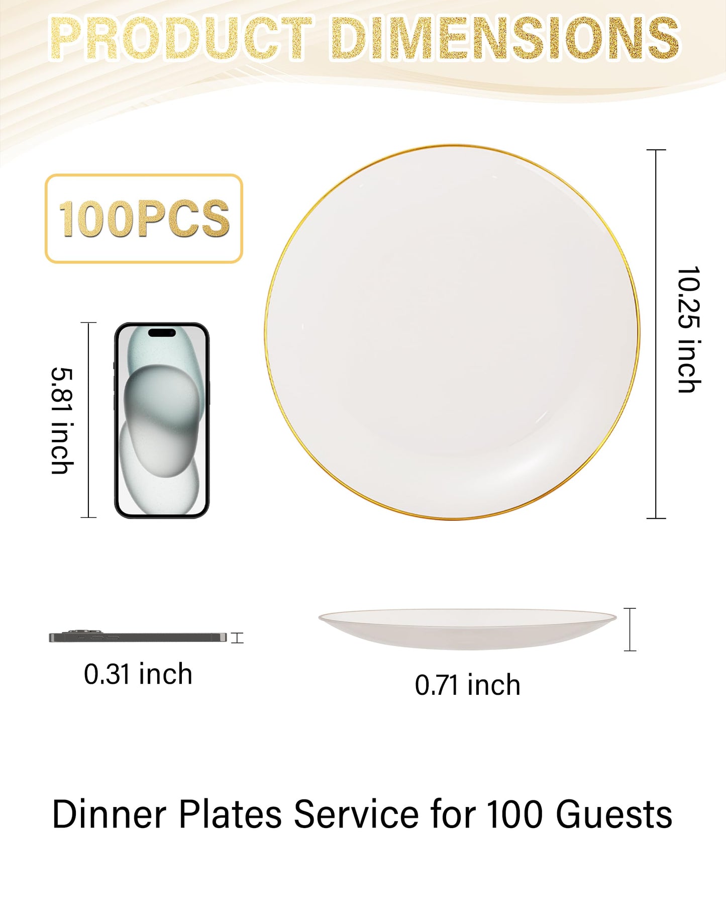 Nervure 100Pcs Ivory and Gold Plastic Plates - 10.25inch Disposable Ivory Dinner Plates - Heavy Duty Plastic Plate Ideal for Wedding & Party