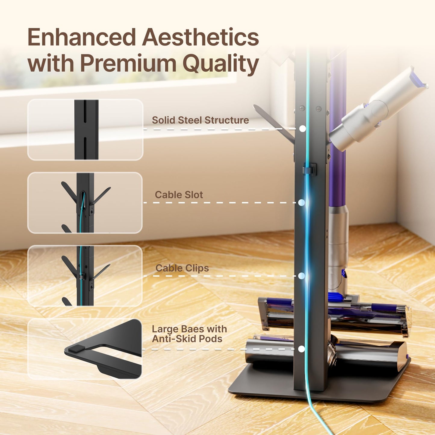 PEGZONE Vacuum Stand Compatible with Dyson G5 V15 V12 V11 V10 V9 V8 V7, S11 A10 A11, NEC180 280TL, Cordless Vacuum Holder with 8 Storage Hooks, Accessories & Attachments Organizer, Black