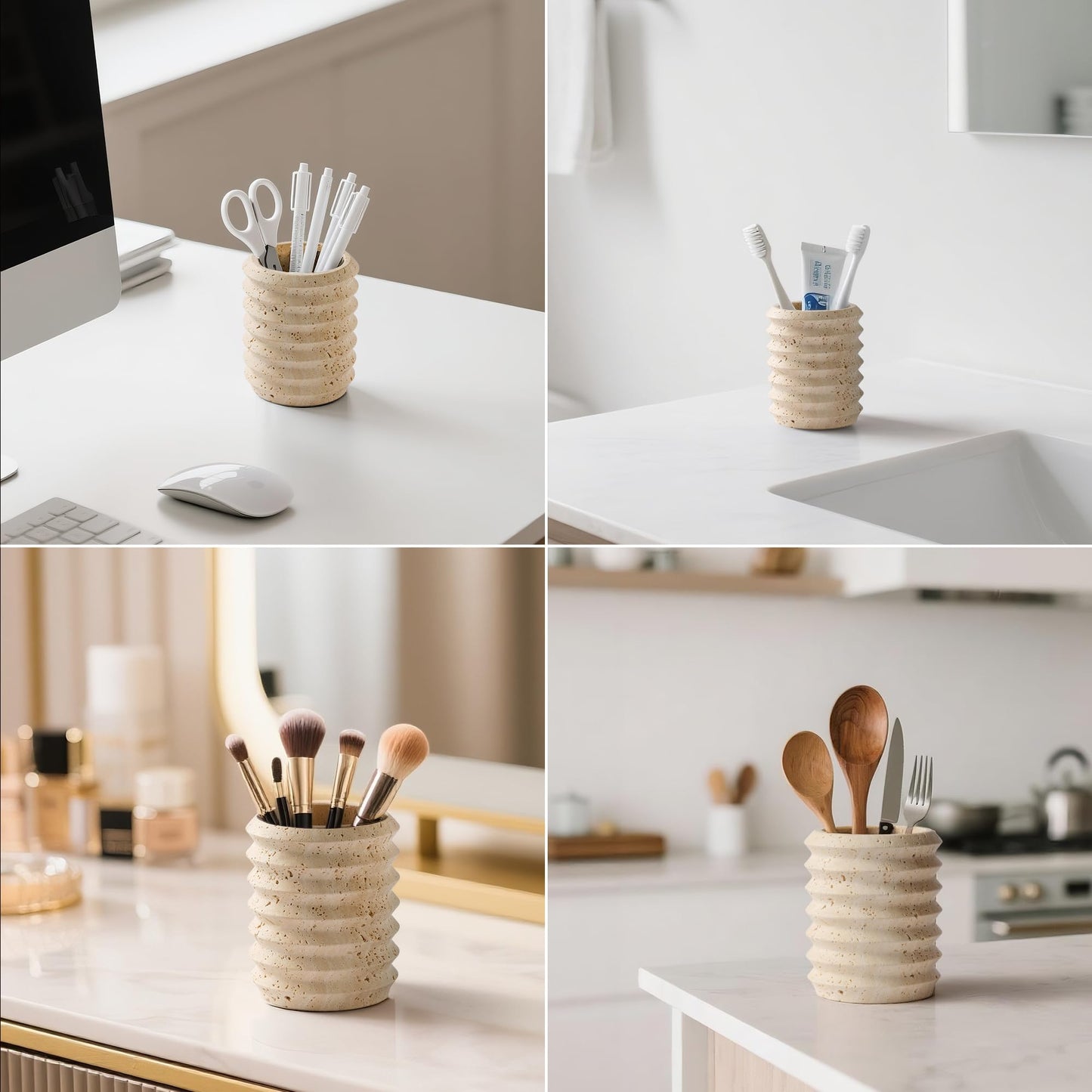WORHE Pen Holder Stand for Desk, Natural Travertine Stone Makeup Brush Holders, Modern and Functional Pencil Cup for Office Supplies Tableware Organizer for Home Decor School Beige (PH90110)