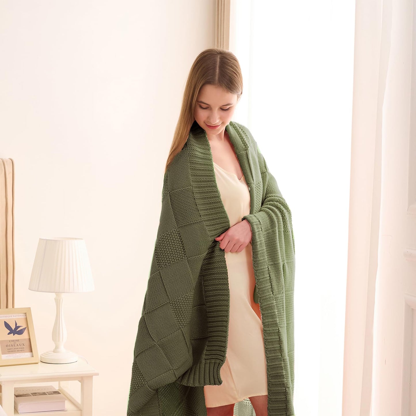 CozeCube Check Knit Throw Blanket, Olive Green Checkered Throw for Couch, Decorative Christmas Soft Cozy Warm Knitted Blanket for Bed Sofa Living Room, 60"X80"