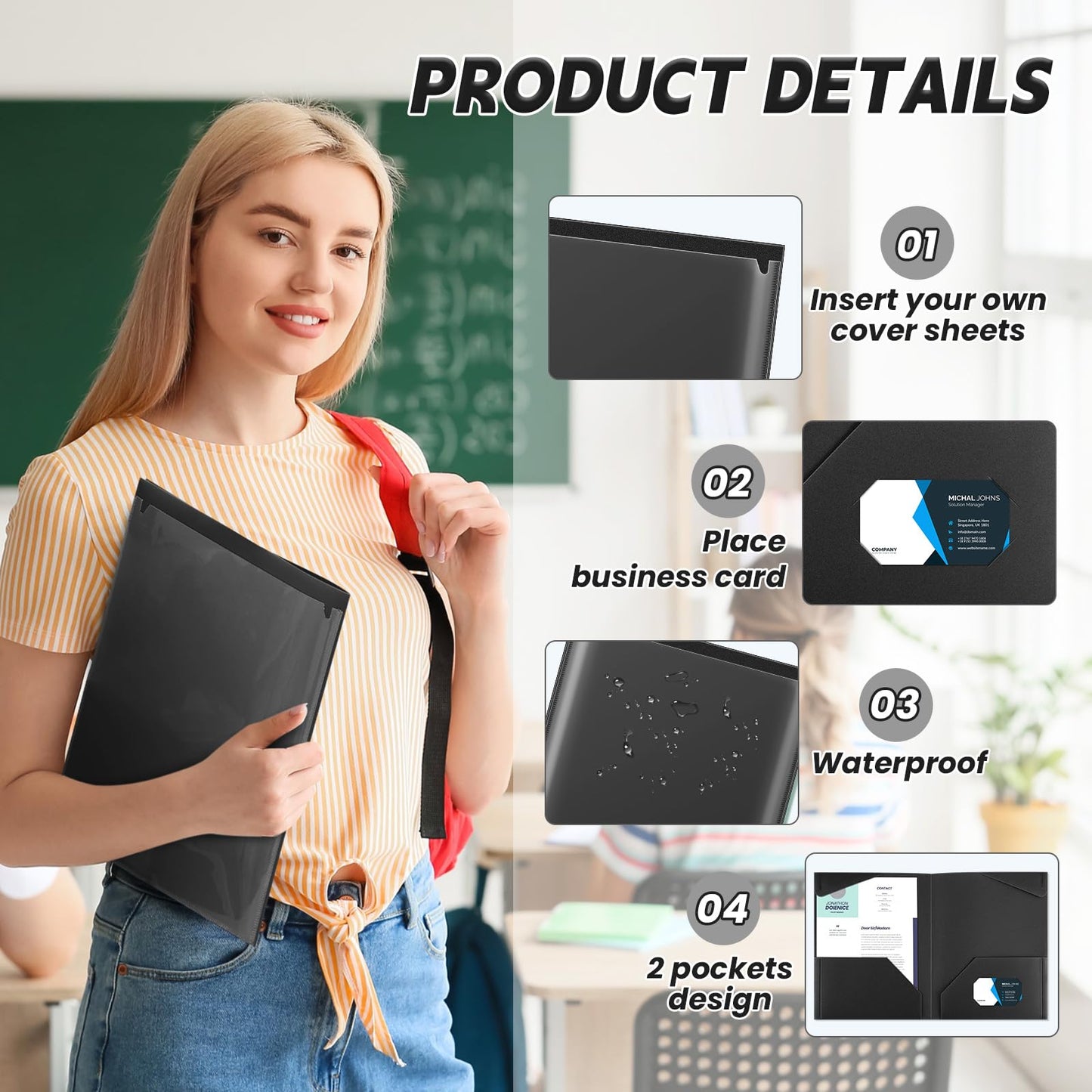 Henoyso 36 Pack Black Plastic Folders with Clear Front Pockets Heavy Duty File Folders with 2 Pockets and Card Slot for Student Communication School Office Presentation Report