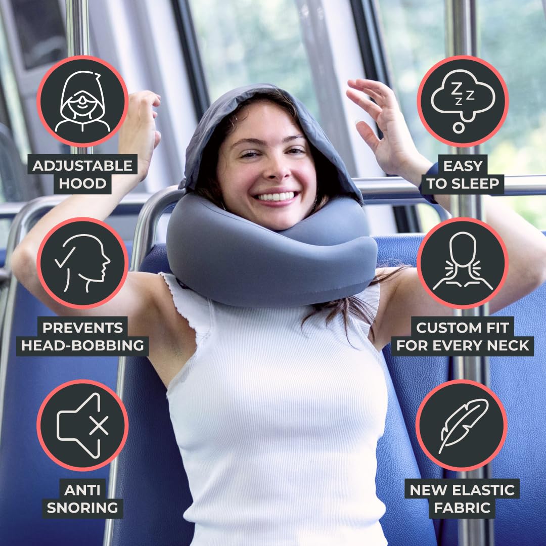 FlyHugz® 2.0 Hooded Travel Pillow – 2026 Original Release – Memory Foam Neck Pillow with Adjustable Hood & Premium Elastic Washable Cover – First Class Comfort for Flights, Road Trips & Sleep-Gray.