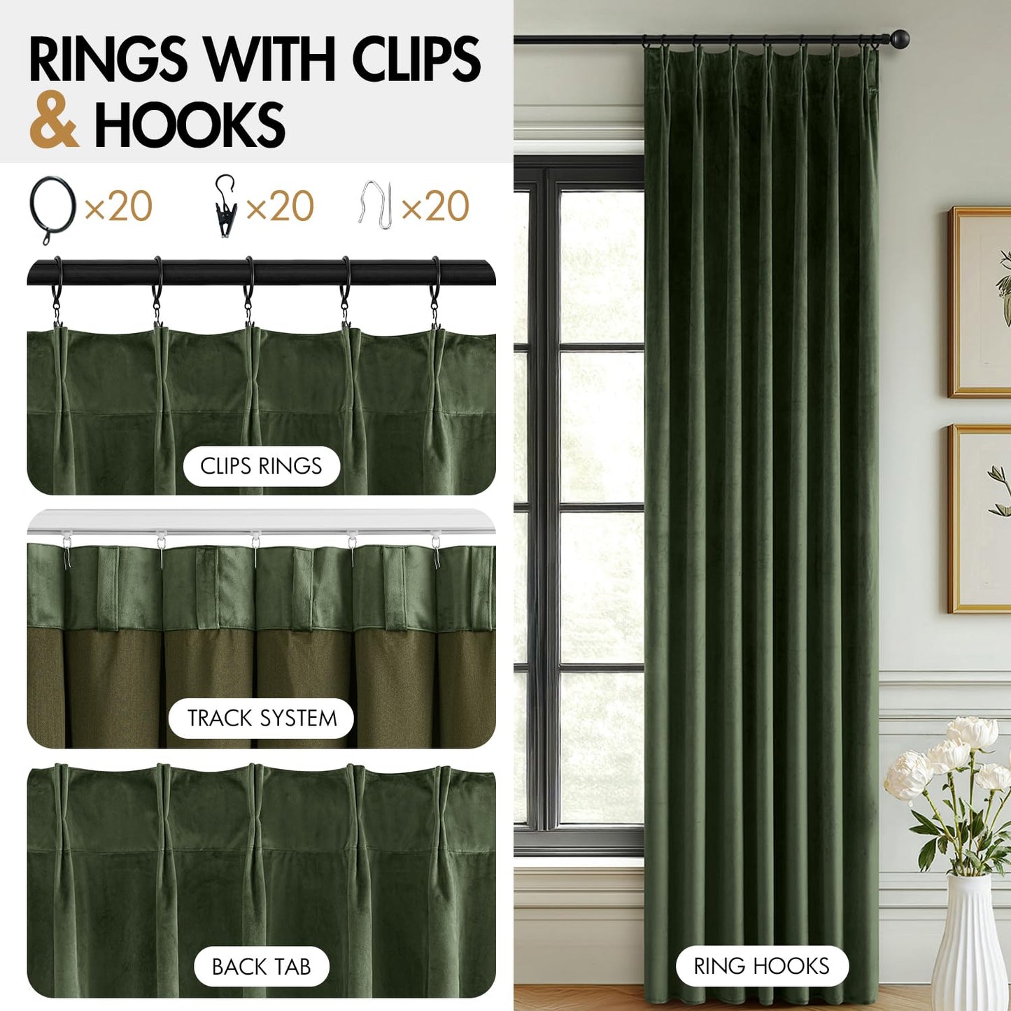 MIULEE Olive Green Velvet Curtains 96 inches Long, Pinch Pleated Blackout Drapes with Hooks, Thermal Insulated Pinch Pleat Panels for Bedroom Living Room, 2 Panels