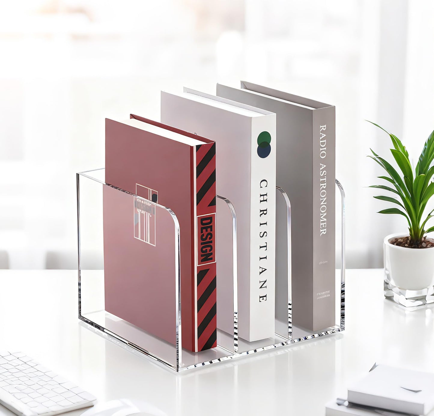 SANRUI Clear Acrylic File Organizer - 3 Compartments Magazine Holder, Vertical File Sorter for Home Office/Classroom/Dorm, Non-Slip Desk File Rack, No Assembly Required, B5 Size