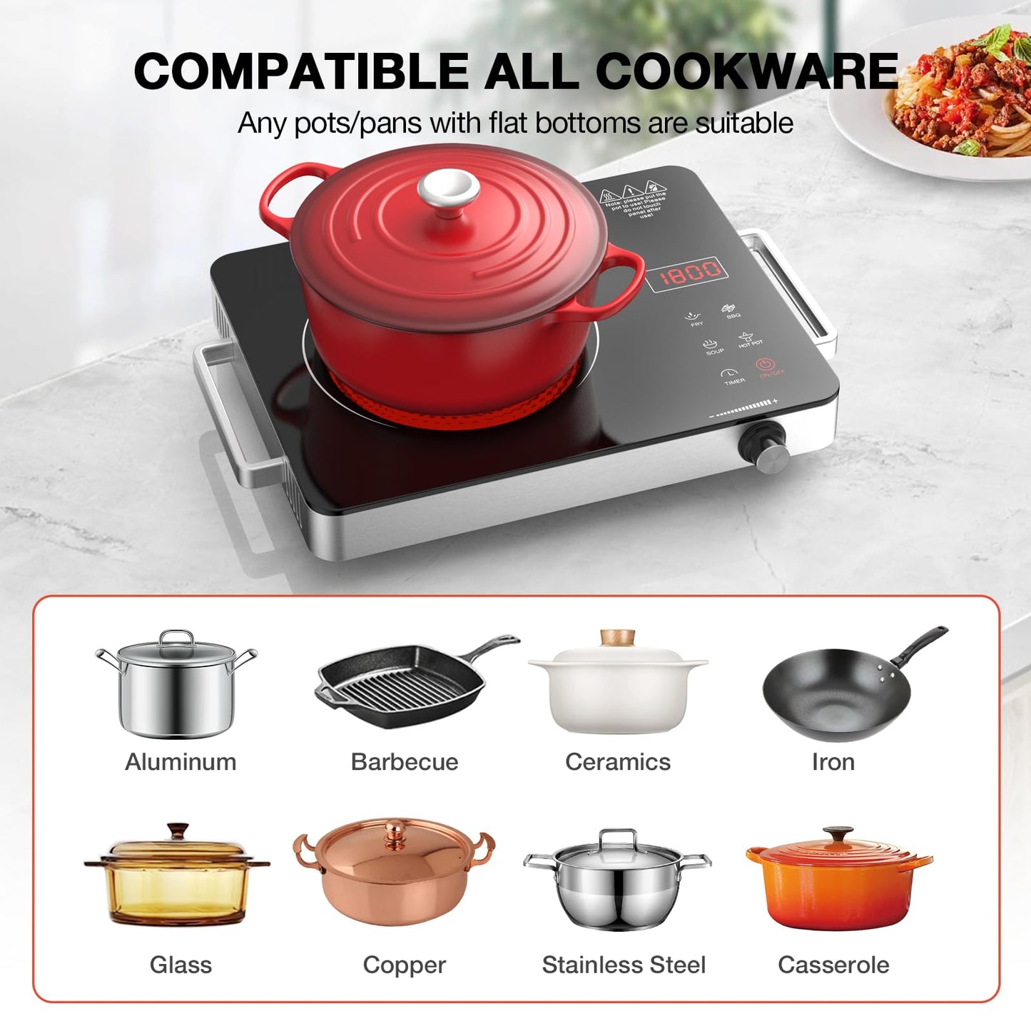 Portable Electric Cooktop 110V, 1800W Electric Stove Infrared Hot Plate with Knob Control, Nafewin Single Burner Countertop Burner with Handle, 4-Hours Timing Setting, Compatible for All Cookwares