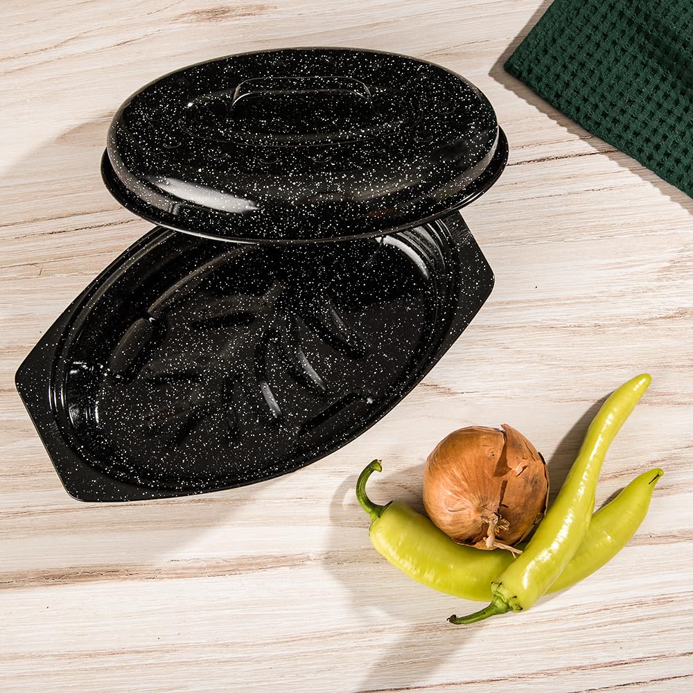 Granite Ware 13-inch oval roaster with Lid. Enameled steel design to accommodate up to 7 lb poultry/roast. Resists up to 932°F. Ideal for preparing meals for two!