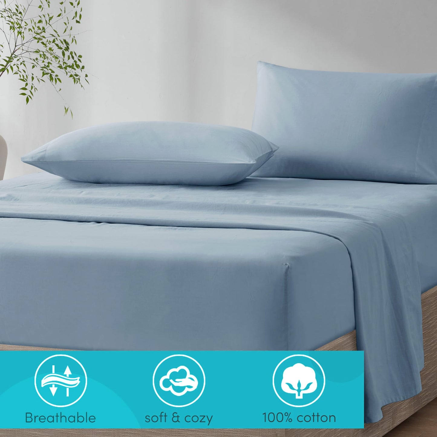 Comfort Spaces 100% Cotton Sheet Set Breathable, Lightweight, Soft with 12" Elastic Pocket Fits up to 14" Mattress, All Season Cozy Bedding, Matching Pillow Case, Twin Blue 3 Piece
