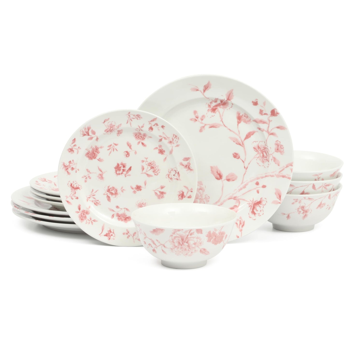 Martha Stewart Empress Bouquet 12-Piece Decorated Porcelain Chip and Scratch Resistant Dinnerware Plates and Bowls Set - Pink Floral