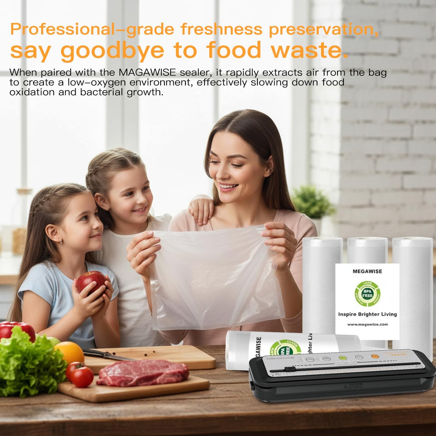 MEGAWISE Vacuum Sealer Bags (11''x 14''-100pcs) for Food Freshness Preservation, BPA Free Vacuum Storage Bags for Food or Sous Vide, Seal a Meal,Double-Sided Texture, Double Lock Freshness (100 count)