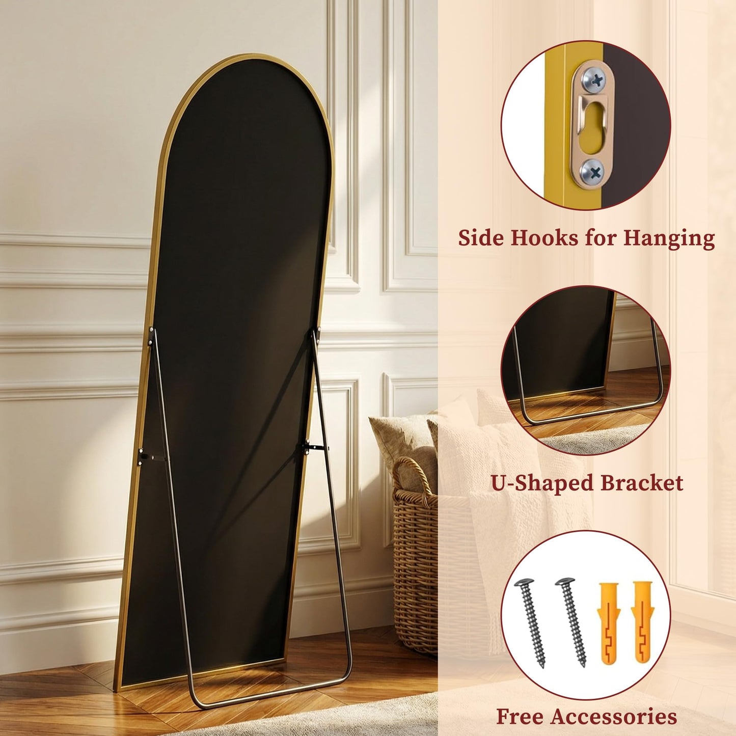 Suidia 56"x14" Arched Full Length Mirror with Stand, Full Body Mirror with Aluminum Frame, Freestanding/Leaning/Wall-Mounted, Floor Mirrors for Bedroom, Living Room, Entryway, Dressing Room, Gold