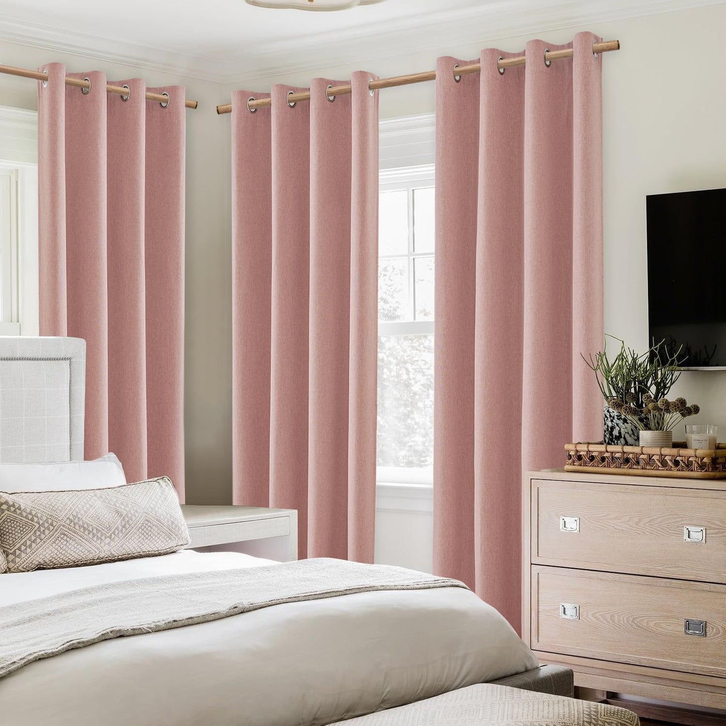 HOMEIDEAS Blush Pink 100% Blackout Curtains 84 Inches Long, Thick Faux Linen/Linen Blend Textured Window Drapes, Cute Room Darkening Grommet Curtains for Girls Bedroom, Nursery, Living Room