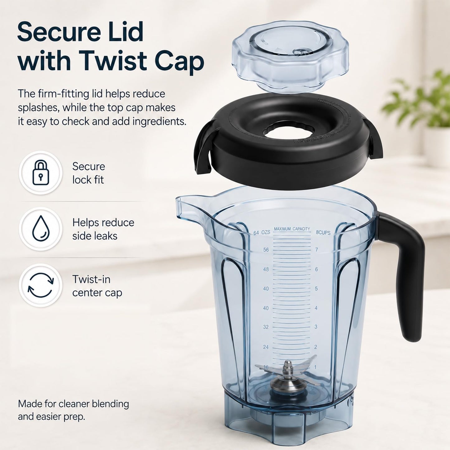 64oz Low-Profile Blender Pitcher Compatible with Vitamix 5200/7500/5000/6300/750/E310/VM0102/VM0103/VM0197- BPA-Free Container Jar Cup for Classic & Explorian Series Etc