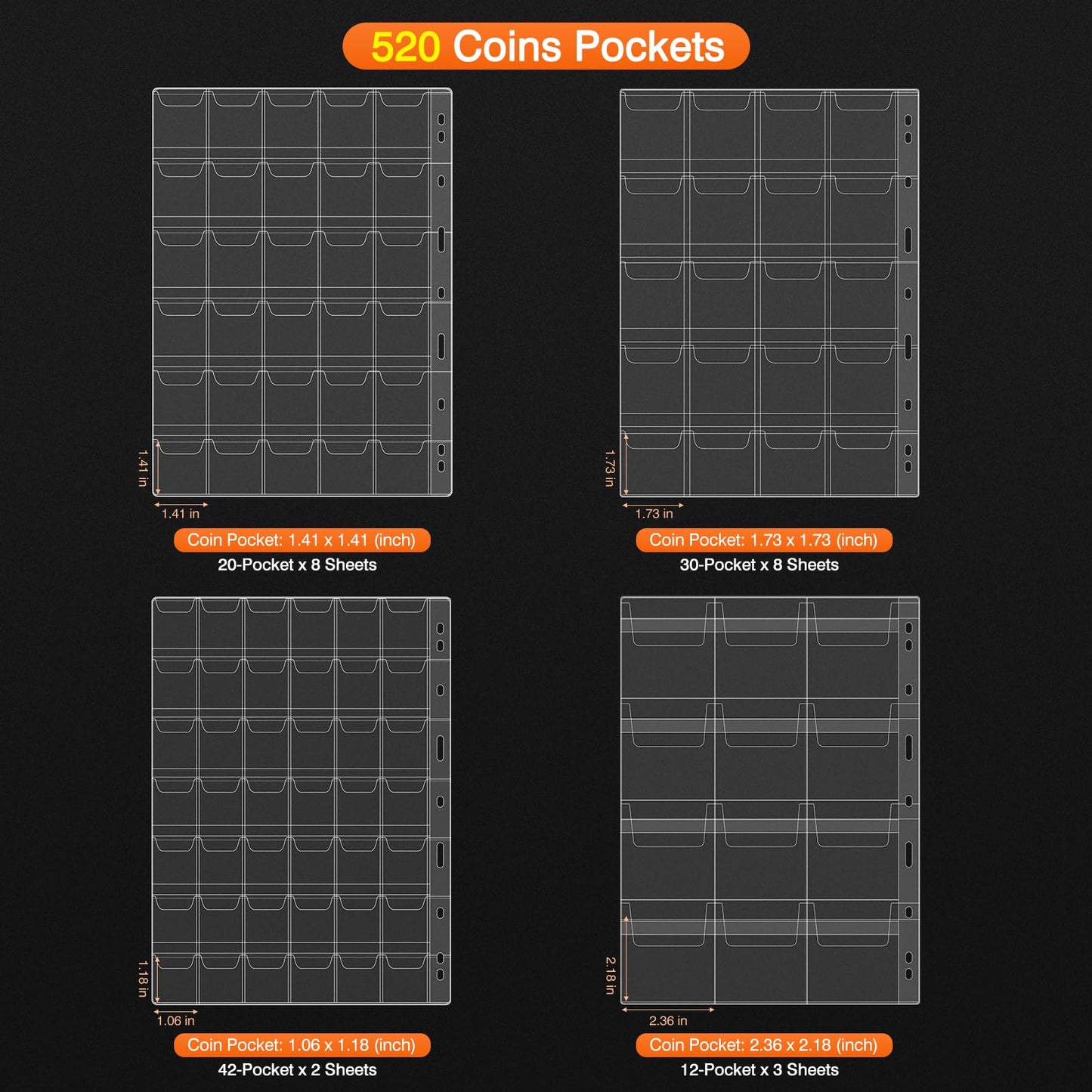 Coin Collection Book with 520 Pockets Coin Holders, Coin Albums for Collectors Coin Sleeves-Paper Money Binder Organizer Coins Storage Case with Lock,Collecting Coin Collection Supplies for Bill,Stamp