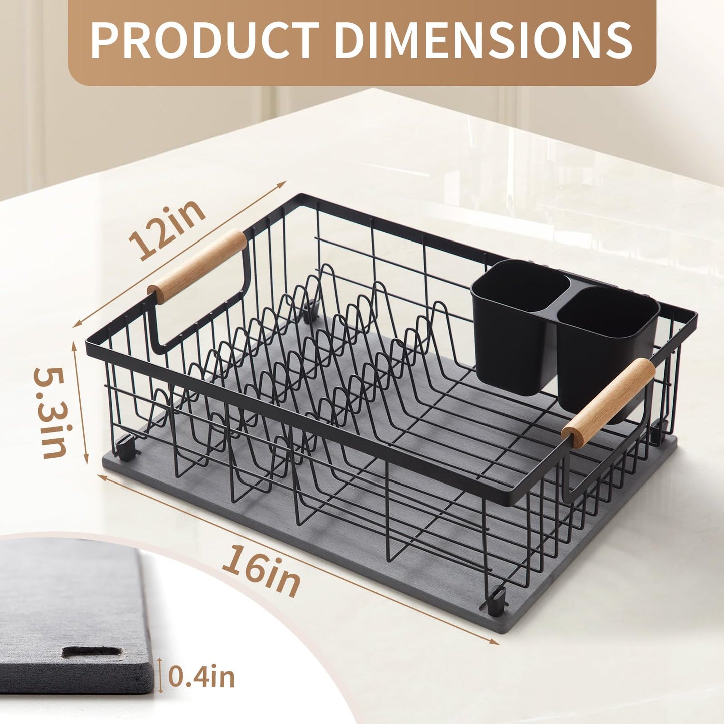 Lalaunicky Dish Drying Rack with Stone Dish Drying Mat for Kitchen Counter, Dish Drainer with Diatomaceous Earth Quick Dry Mat, Organization and Storage Essentials with Cup & Cutlery Holders