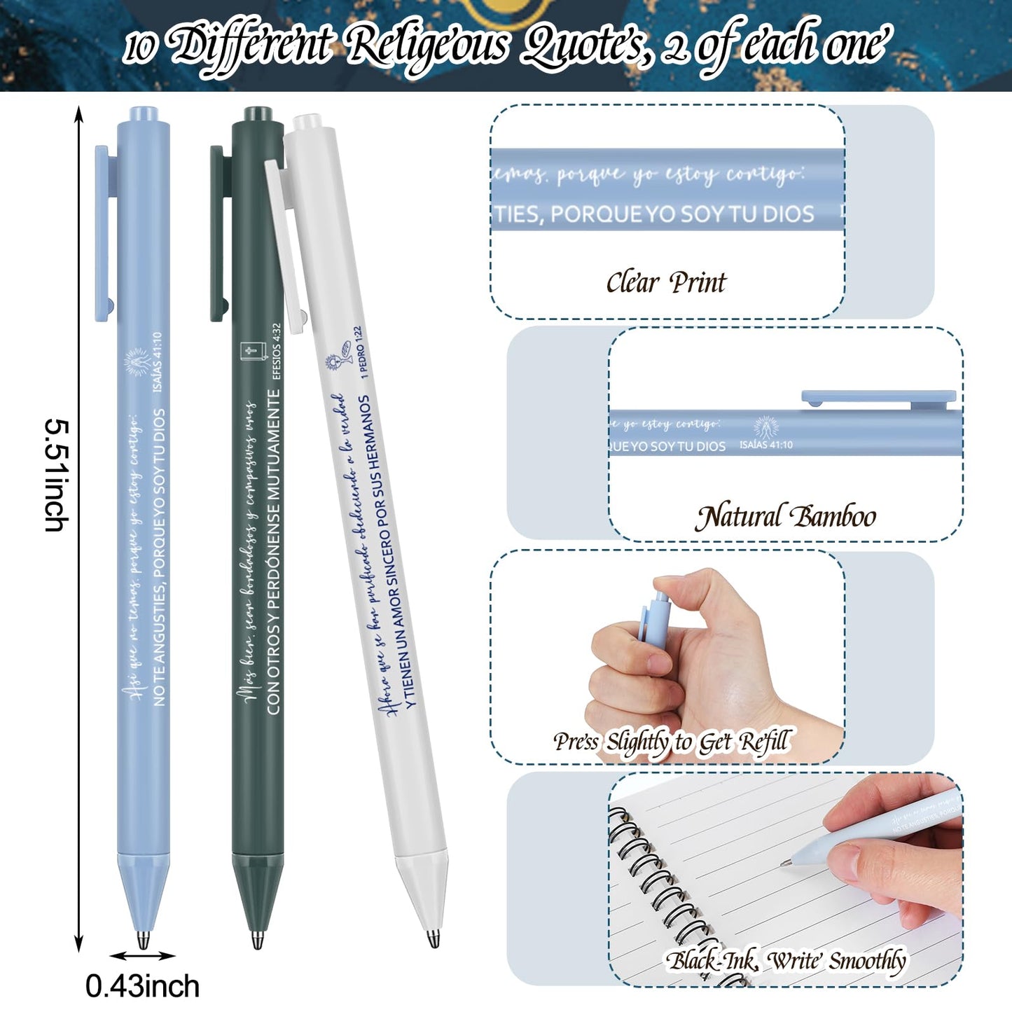 Resurhang 40 Pcs Spanish Christian Gift 20 Spiral Religious Notebook 20 Bible Pen Christian Prayer Journal Ballpoint Pen for Church Gift(Bible,Natural Color)