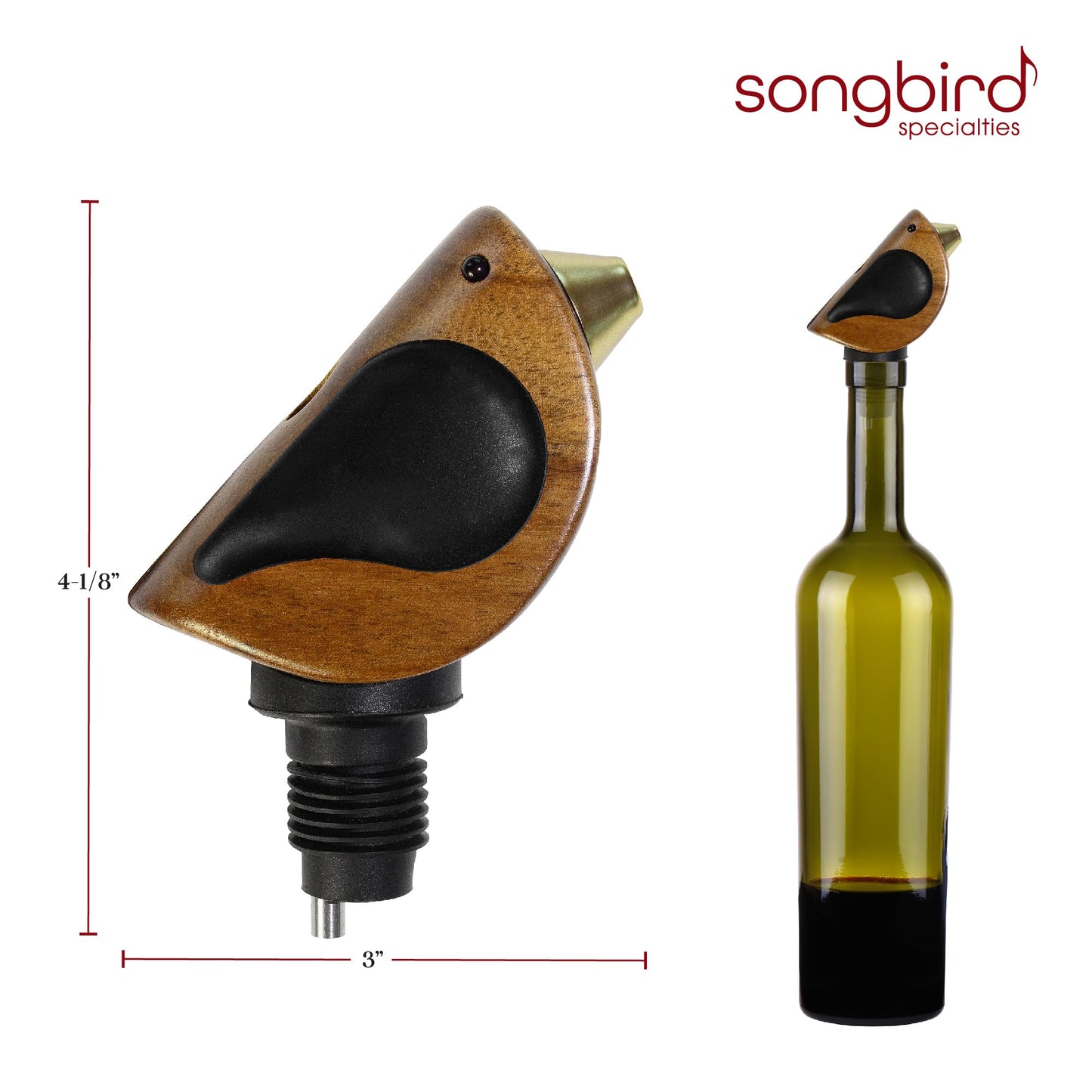 Songbird Specialties Wine Bottle Pourer, Fun Wine Pourer Spout Sings While It Pours, Airtight Wine Bottle Sealer, Acacia Wood with Turquoise Wings