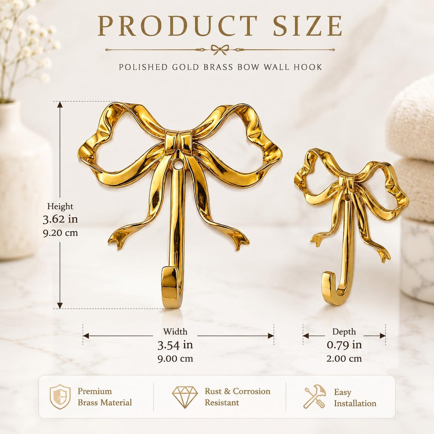 LOGOFUN 2pcs Gold Bow Wall Hooks Brass Bow Hooks for Hanging Coat Hat Towel Key Decorative Brass Bowknot Wall Mount Hooks for Bathroom Bedroom Living Room Large (3.62X3.54X0.79in / 9.20X9.00X2.00cm)