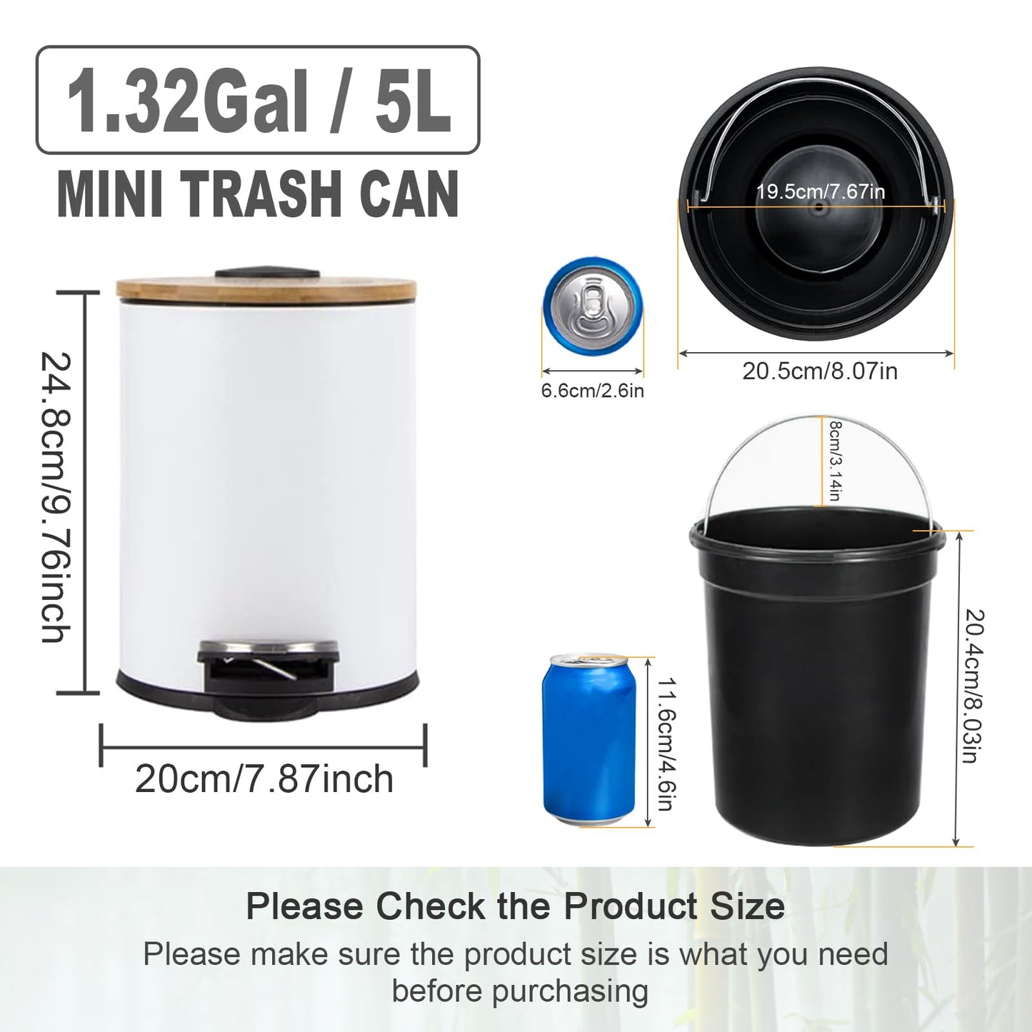 SIDIANBAN Small Bathroom Trash Can with Bamboo Lid Soft Close and Foot Pedal, 1.3Gal/5L Round Garbage Can with Removable Inner Wastebasket for Bedroom, Powder Room, Craft Room, Office, Kitchen, White