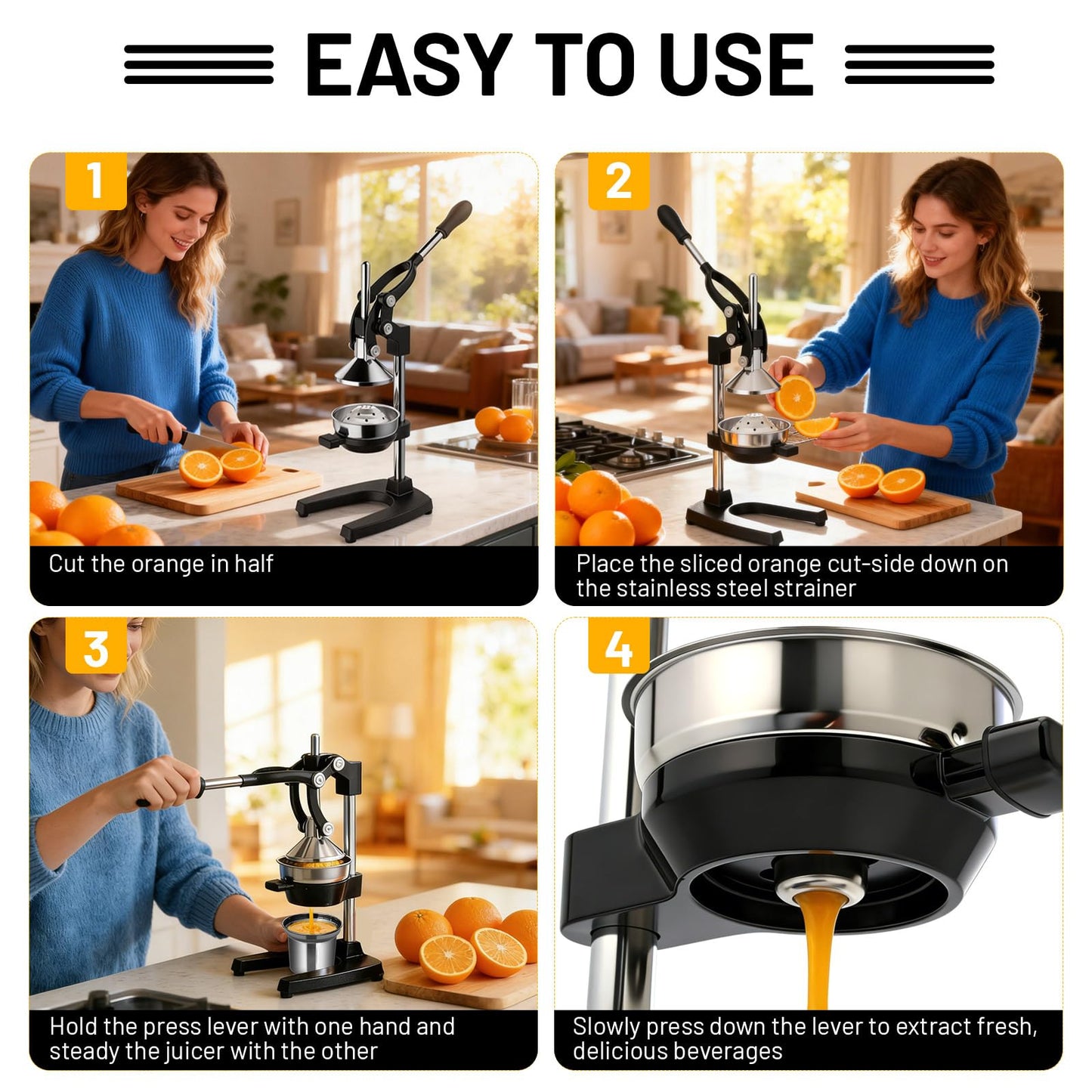 Xiwrdok Cast Iron Juicer Hand Press for Citrus Fruits,Pomegranates,Grapefruits,Heavy-Duty Cast Iron Juicer,Lemon Squeezer Manual,with Stainless Steel Cup,Easy to Use & Clean（Black）