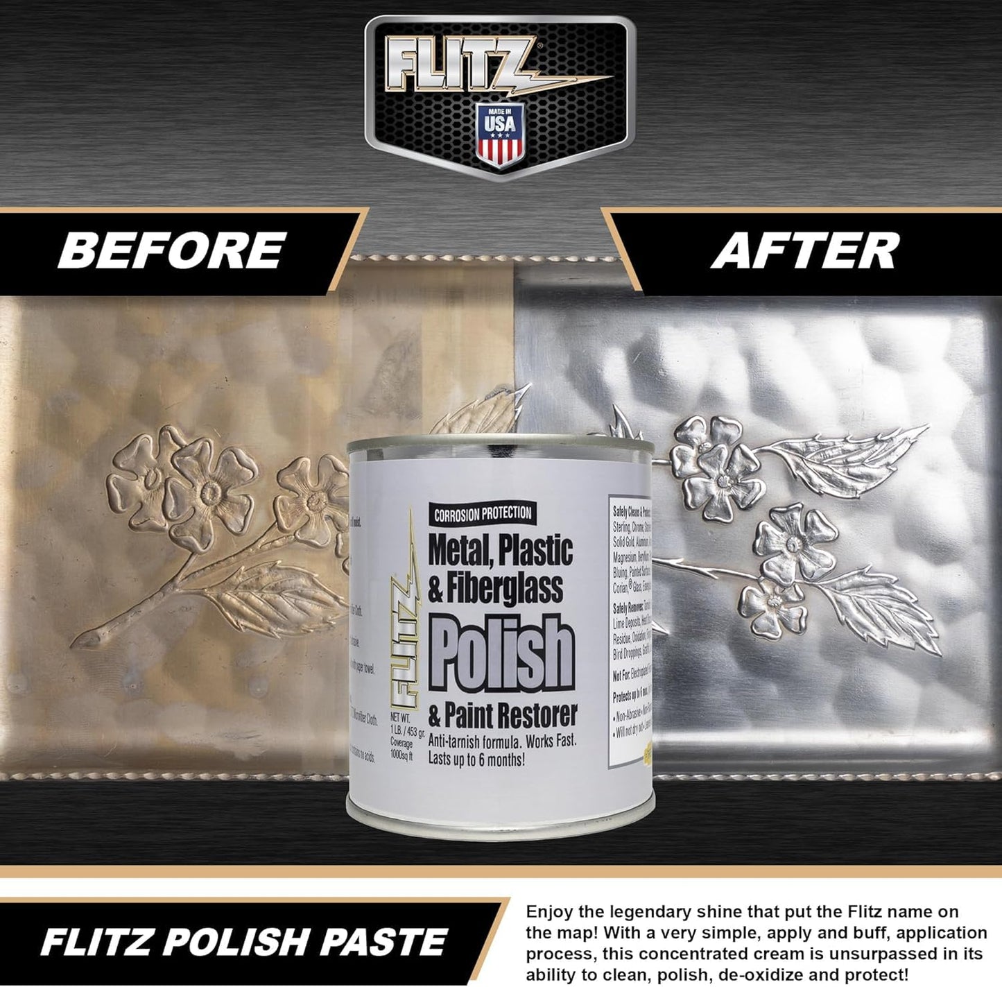 Flitz Metal Polish Paste - 1lb Can of USA-Made Polish for Solid Chrome, Stainless Steel, Aluminum- Non-Abrasive for Light Oxidation - Requires Manual Buffing - Not for Plated/Coated Surfaces (1 Pack)