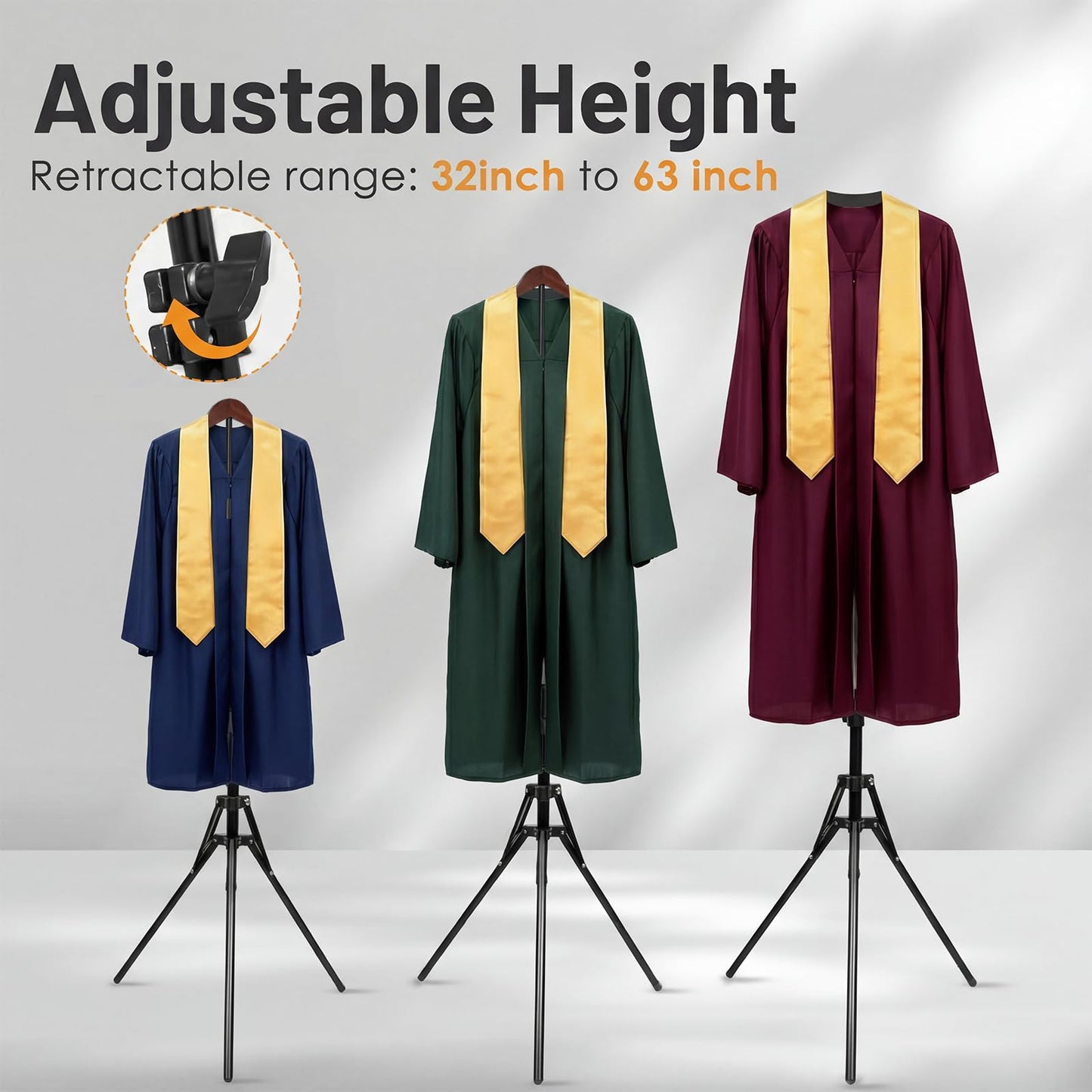 Bucherry Graduation Gown Display Stand Adjustable Garment Hanger for T Shirt 32-63 Inch Portable Hanging Metal Clothes Stand for Graduation Cap Clothing Jacket Coat Shirt Display