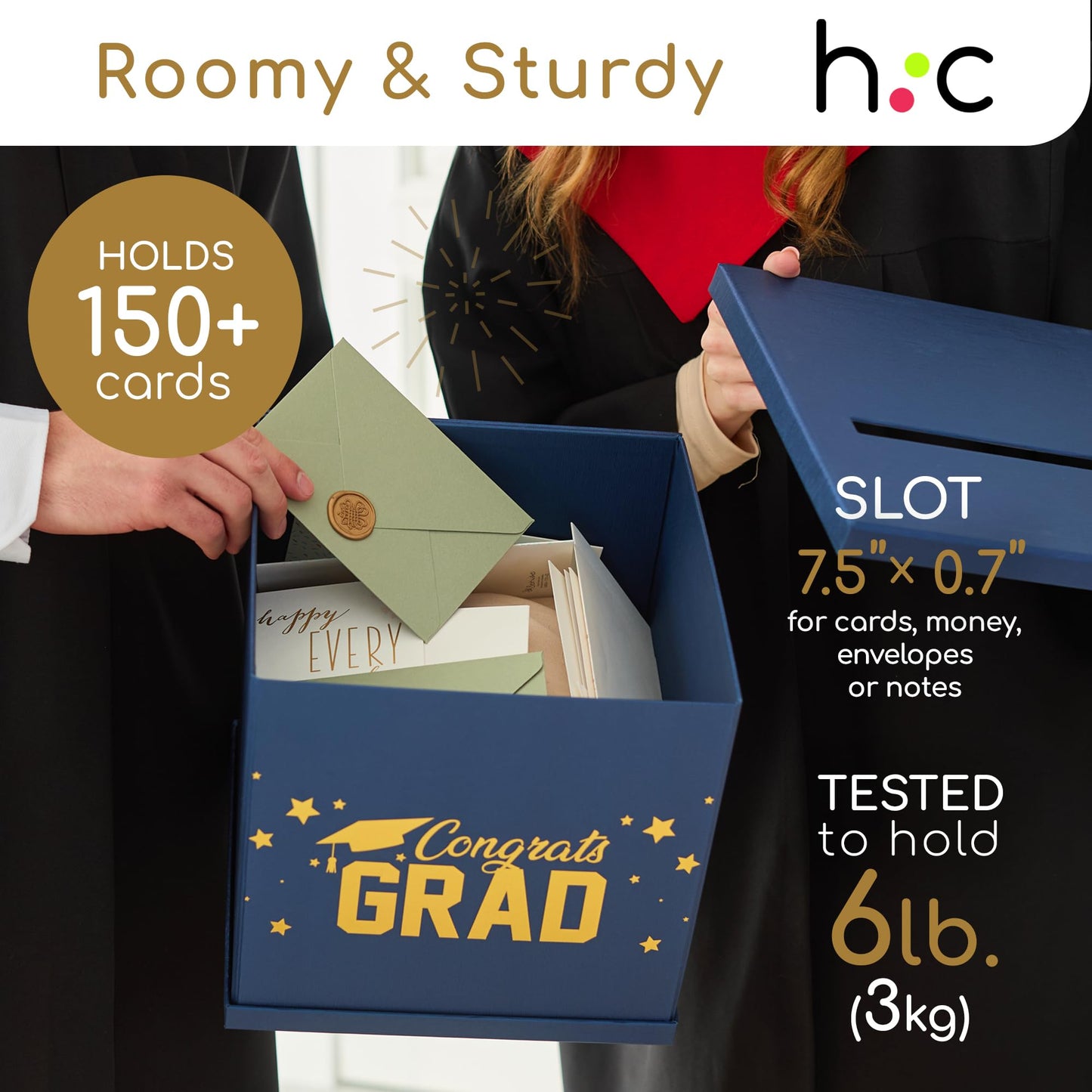 Blue & Gold Graduation Card Box, Large 10x10 Navy Blue Congrats Grad Gift Card Box Holder, Grad Party Favors, Envelope Money Basket, College Graduation Decorations 2026, Party Decor, Table Centerpiece