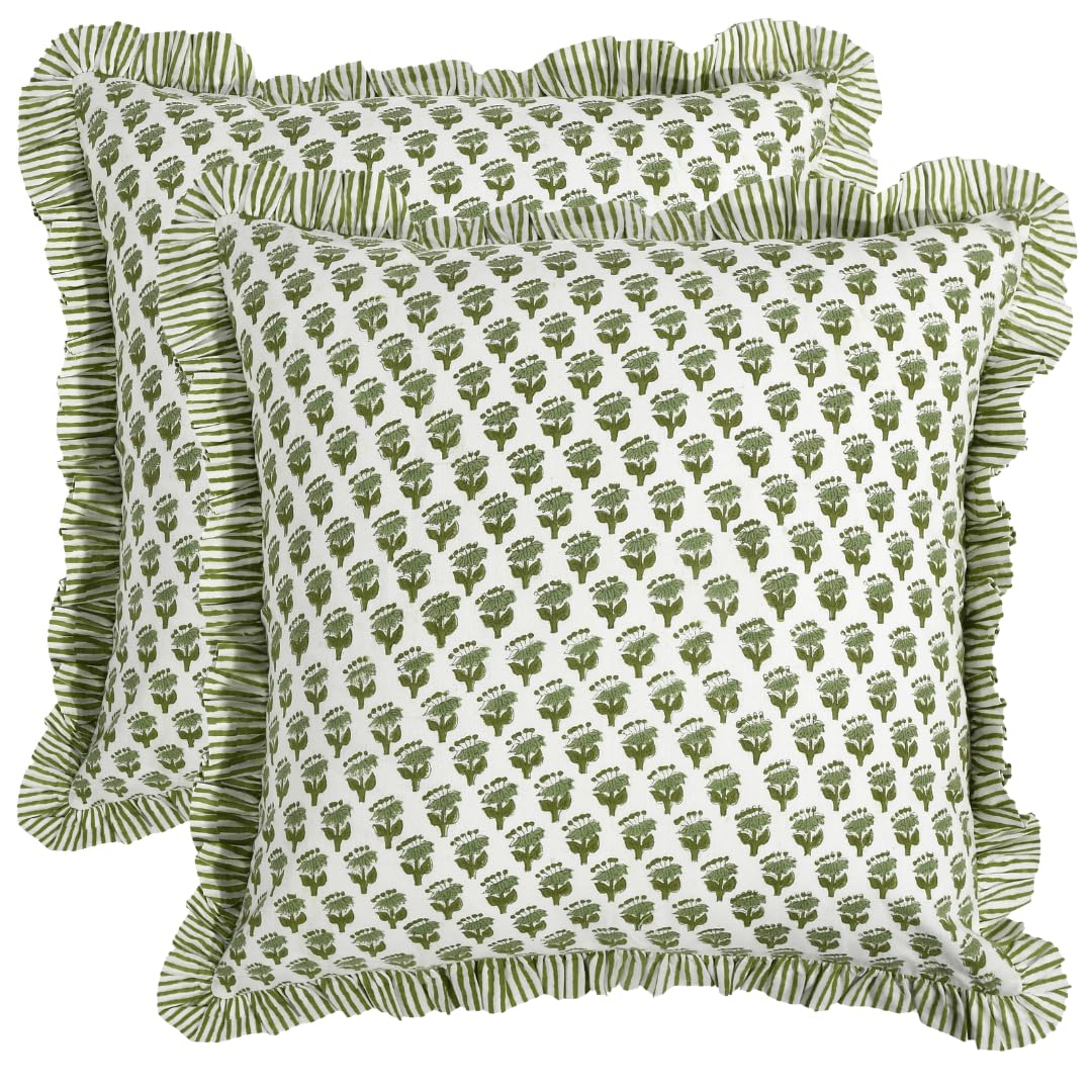 CPC Block Print Ruffle Throw Cover Emerald Green 20"x20" Inch Pack of 2-100% Cotton Ruffle Couch Decorative Boho Pillows Case for Living Room, Bedroom, Sofa, Farmhouse Gift for Spring, Mother's Day
