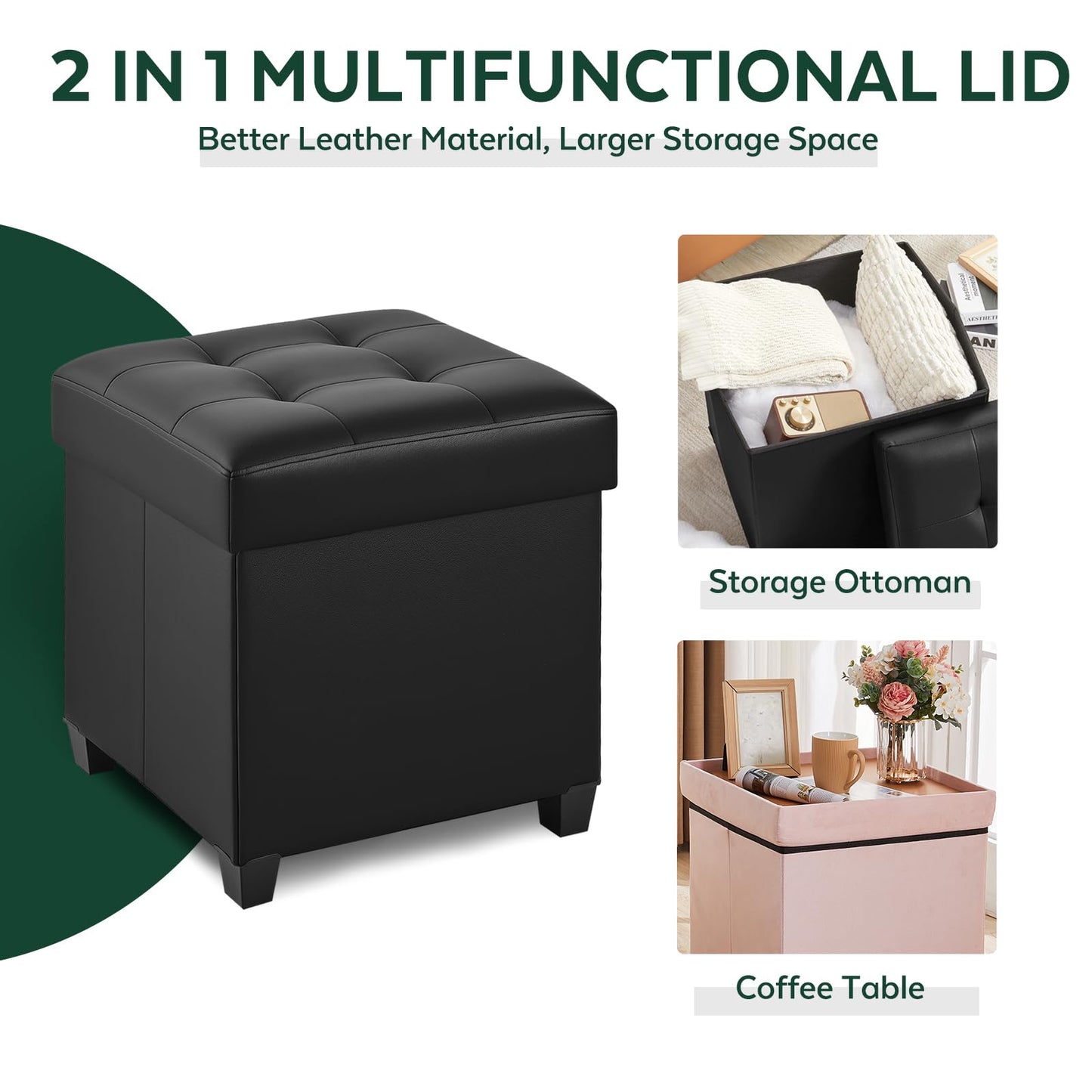 FIMIVIBI 17.7" Ottoman with Storage, Square Storage Ottoman for Dorm, Faux Leather Ottomans with Legs for Living Room, Bedroom, Black