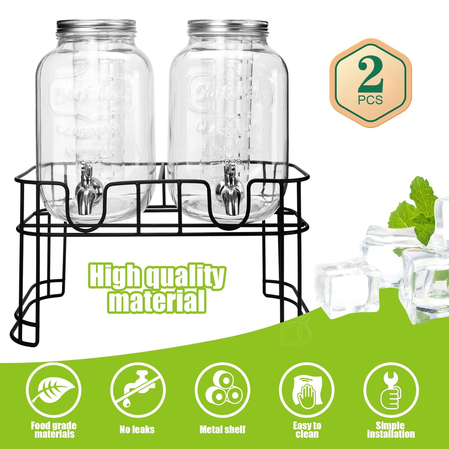 1 Gallon Glass Drink Dispensers For Parties 2PACK.Beverage Dispenser,Glass Drink Dispenser With Stand And Stainless Steel Spigot 100% Leakproof.Lemonade Dispenser With Ice Cylinder.Laundry Detergent