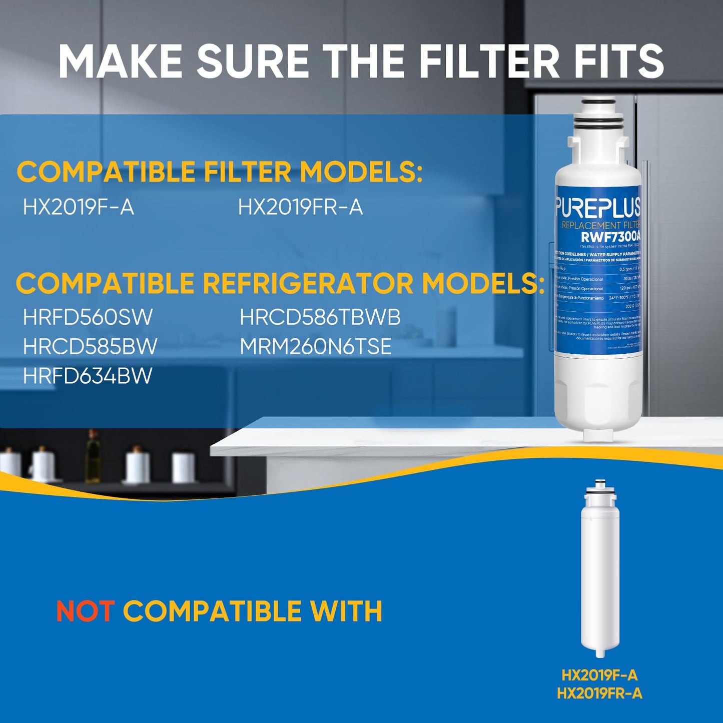 PUREPLUS HX2019FR-A Replacement Refrigerator Water Filter, Compatible with Hisense HX2019FR-A, HX2019F-A, HRM260N6TSE, HRFD560SW, HRCD585BW, HRFD634BW, HRCD650BW, HRCD586TBWB, Mora MRM260N6TSE, 3PACK
