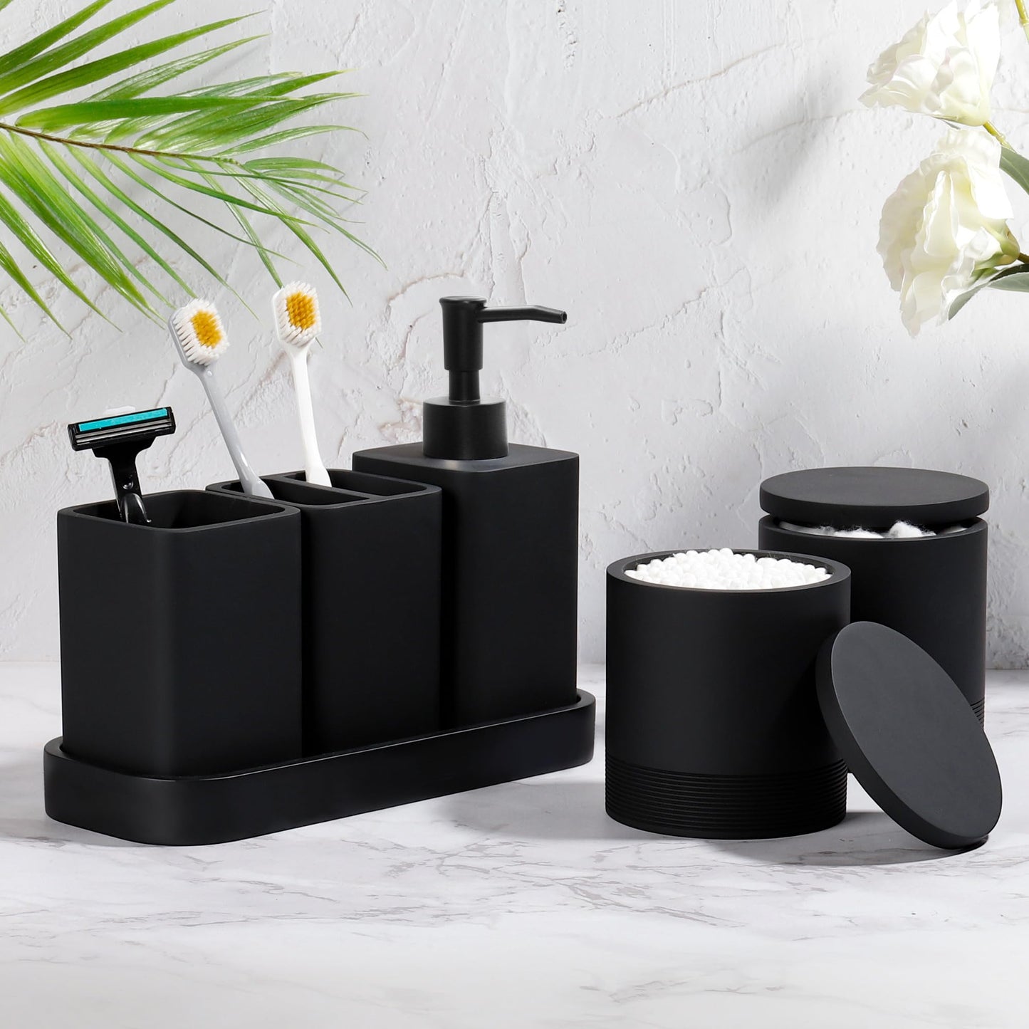 YMXYJM Bathroom Accessories Set, 6 Piece Bathroom Set with Toothbrush Holders, Soap Dispenser, Vanity Tray, Tumbler, Cotton Swab Jars, Bathroom Organizer，Bathroom Sink Sets, Matte Black