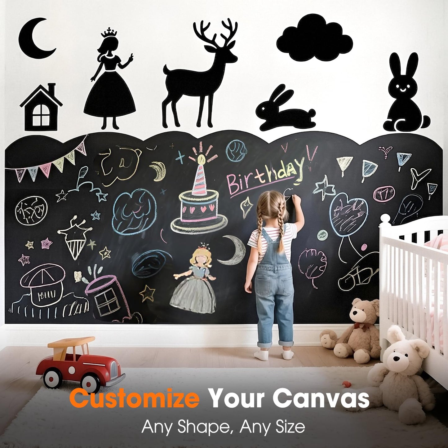 Borskyn Chalkboard Wallpaper Peel and Stick, 35.4"x118.1" Blackboard Contact Paper Self Adhesive, Vinyl Chalk Board Wall Sticker with 8 Colorful Chalks & 1 Rag (1 Roll 2.9ft. x 9.8ft.)